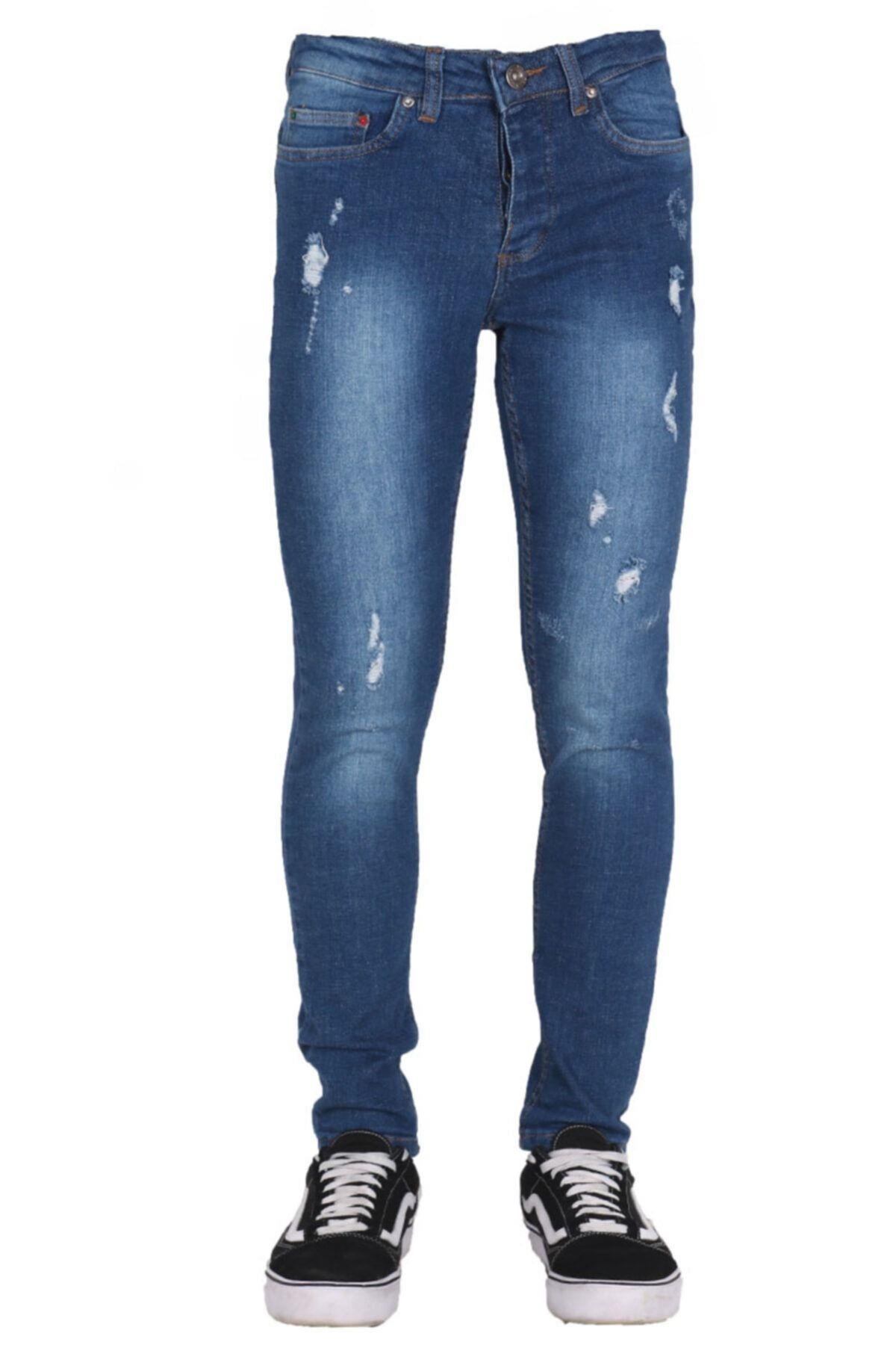 Erkek Mavi Lazer İşlemeli Denim Pantolon