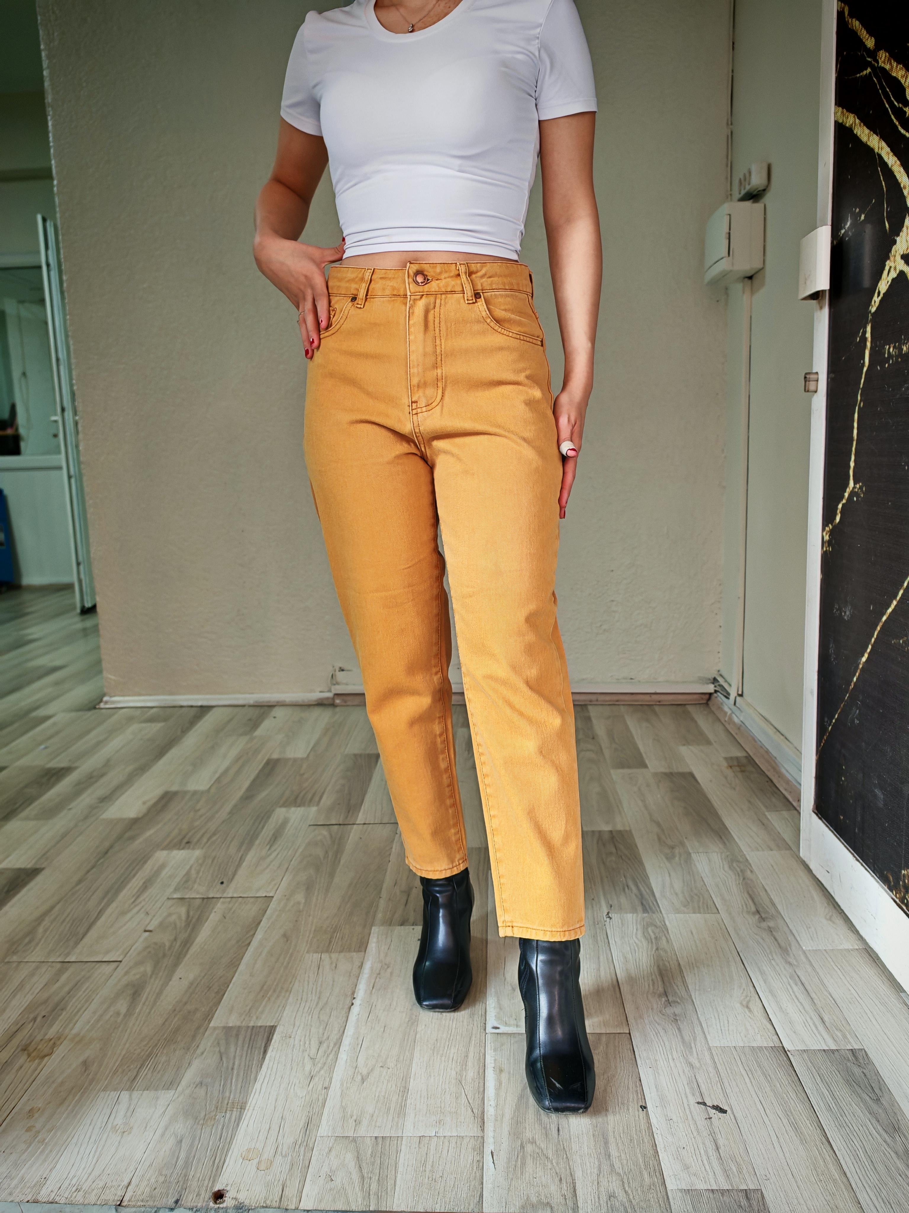 hardal sarısı mom jean kadın pantolon