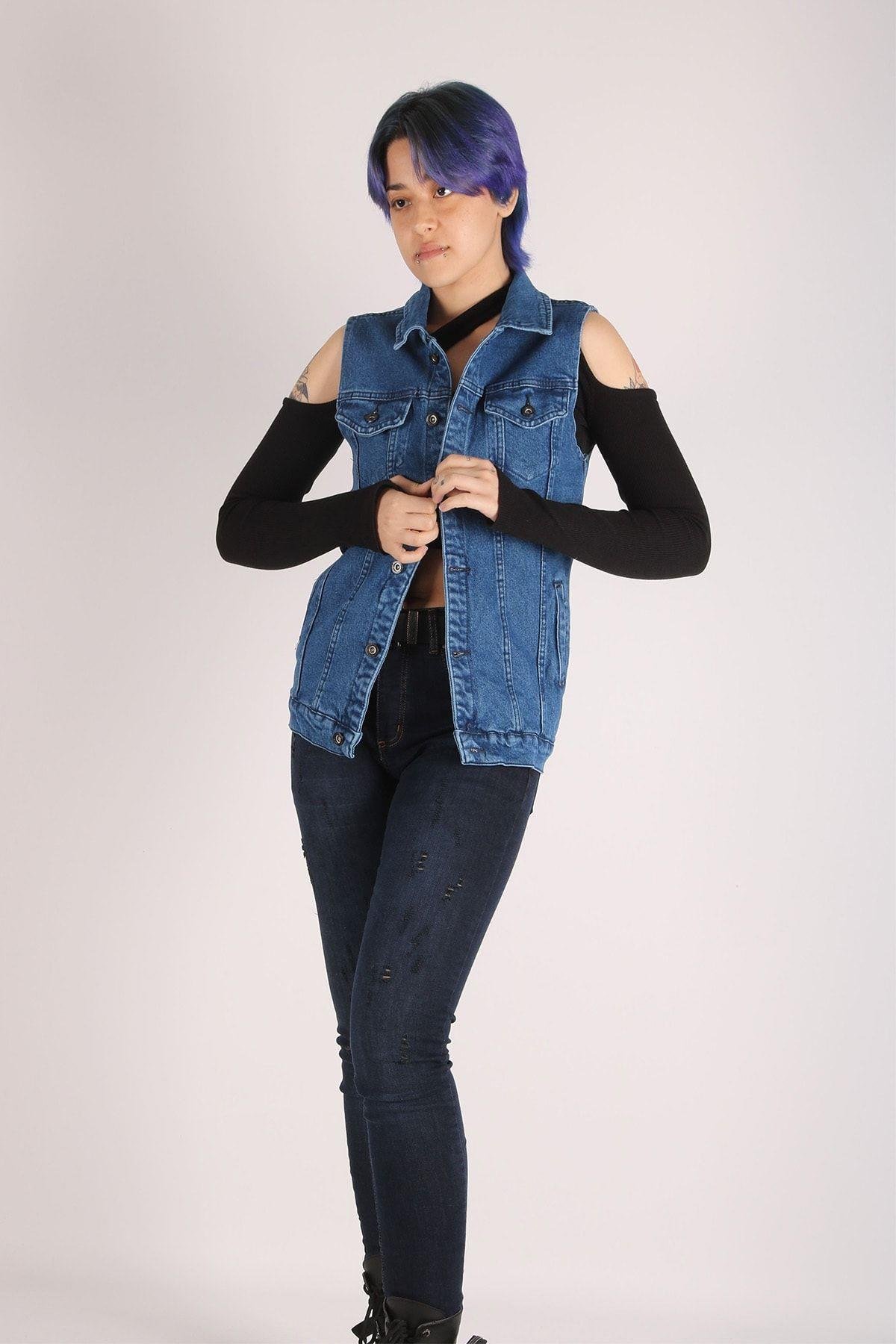 Kadın Kot Yelek - Elastik Jeans Denim Kumaş