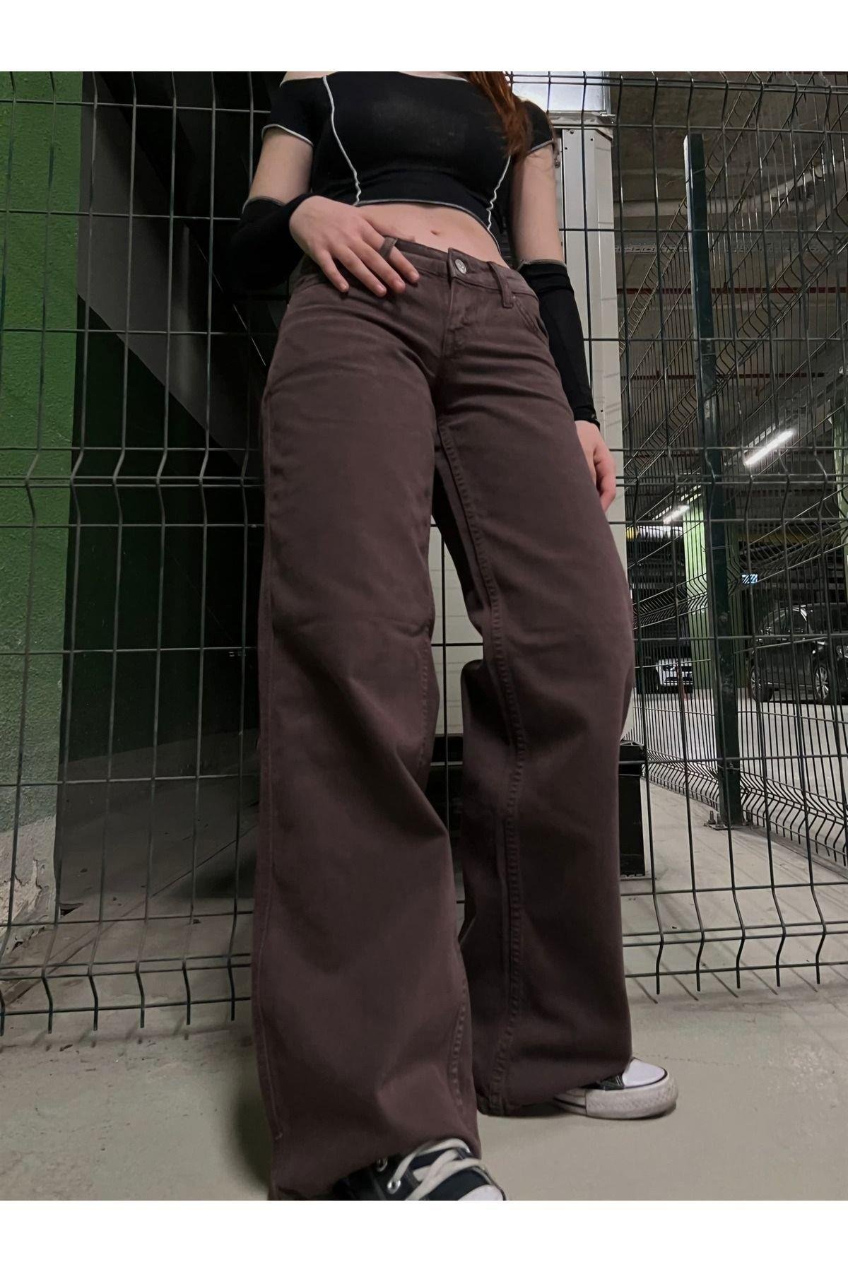Kahverengi Likralı Süper Yüksek Bel Salaş Jeans Palazzo Pantolon. (SÜPER YÜKSEK) Wide Leg