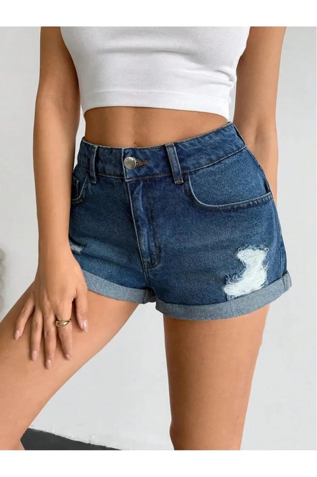 Lacivert Lazer Kesim Mini Kot Şort