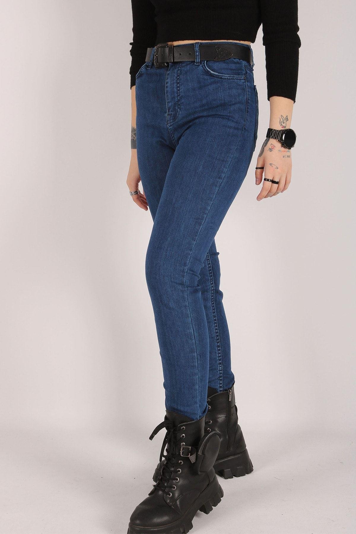 Yüksek Bel Jeans Kadın Slim Pantolon Denim Kumaş