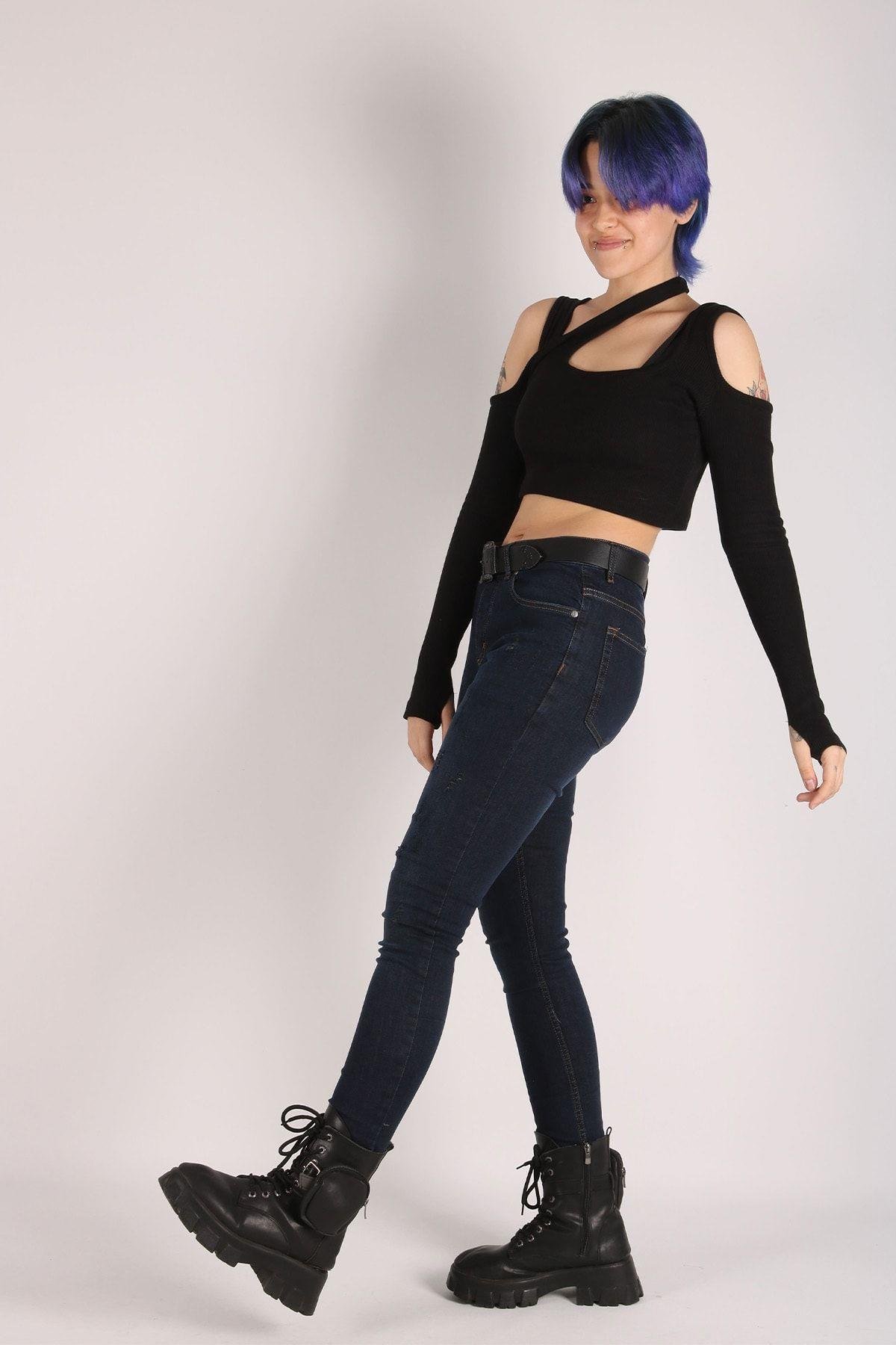 Yüksek Bel Jeans Kadın Slim Pantolon Denim Kumaş