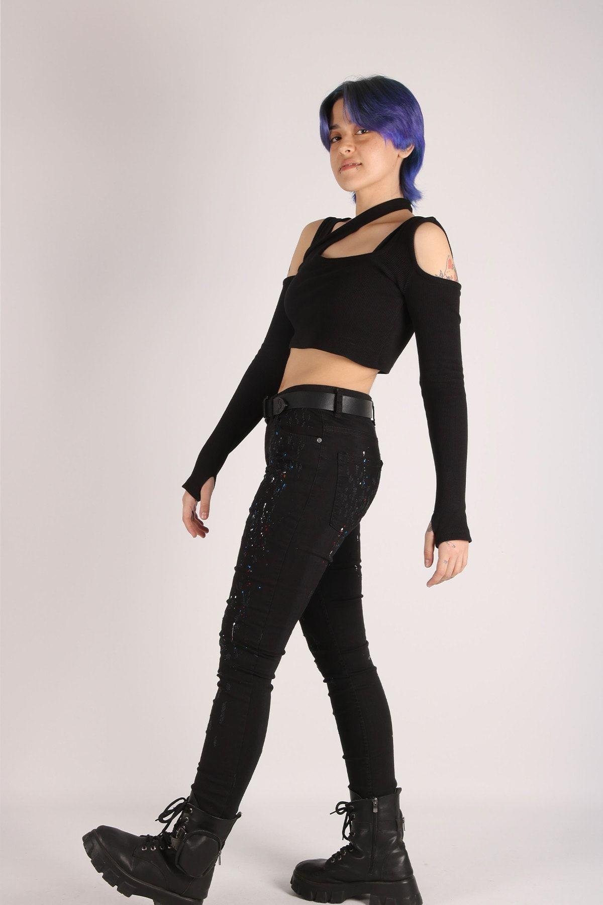 Yüksek Bel Siyah Kot Pantolon Kadın Slim Denim