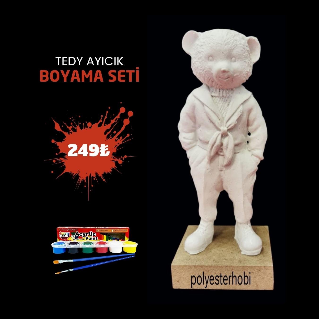 OB 2408 - Tedy Ayıcık Biblo Boyama Seti Ham Polyester Obje 