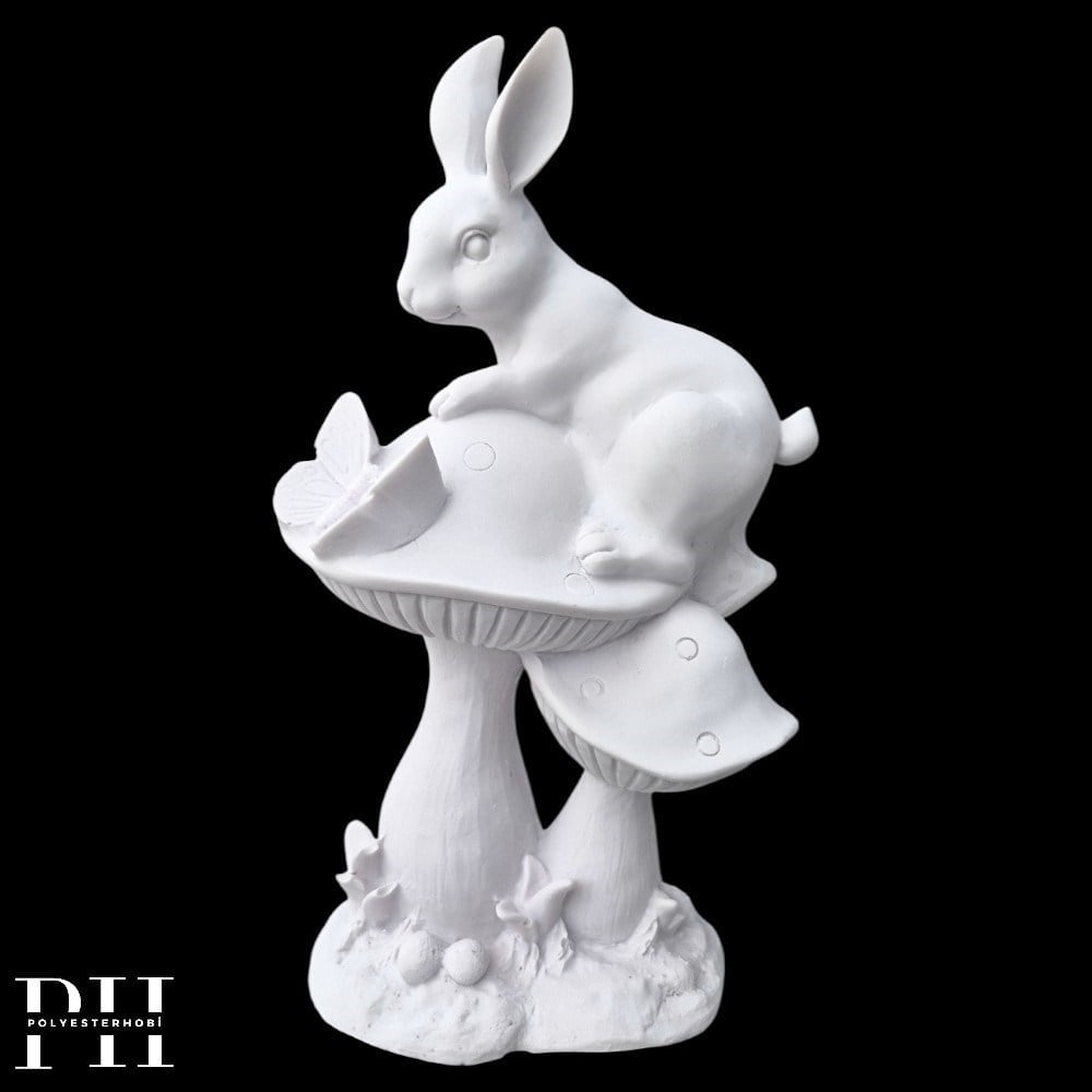 Ob 2674 - Mantar Üzerinde Tavşan  Biblo Ham Polyester Ev , Bahçe Dekoratif Obje