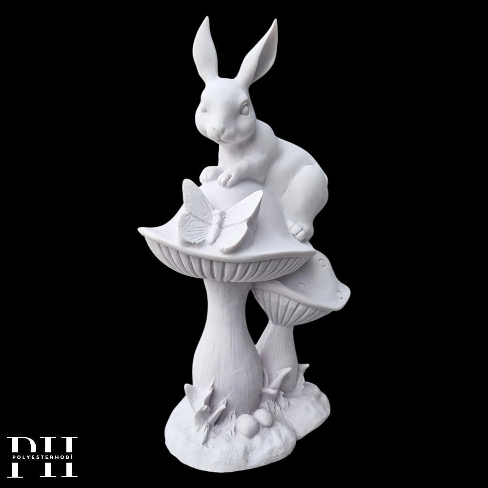 Ob 2674 - Mantar Üzerinde Tavşan  Biblo Ham Polyester Ev , Bahçe Dekoratif Obje