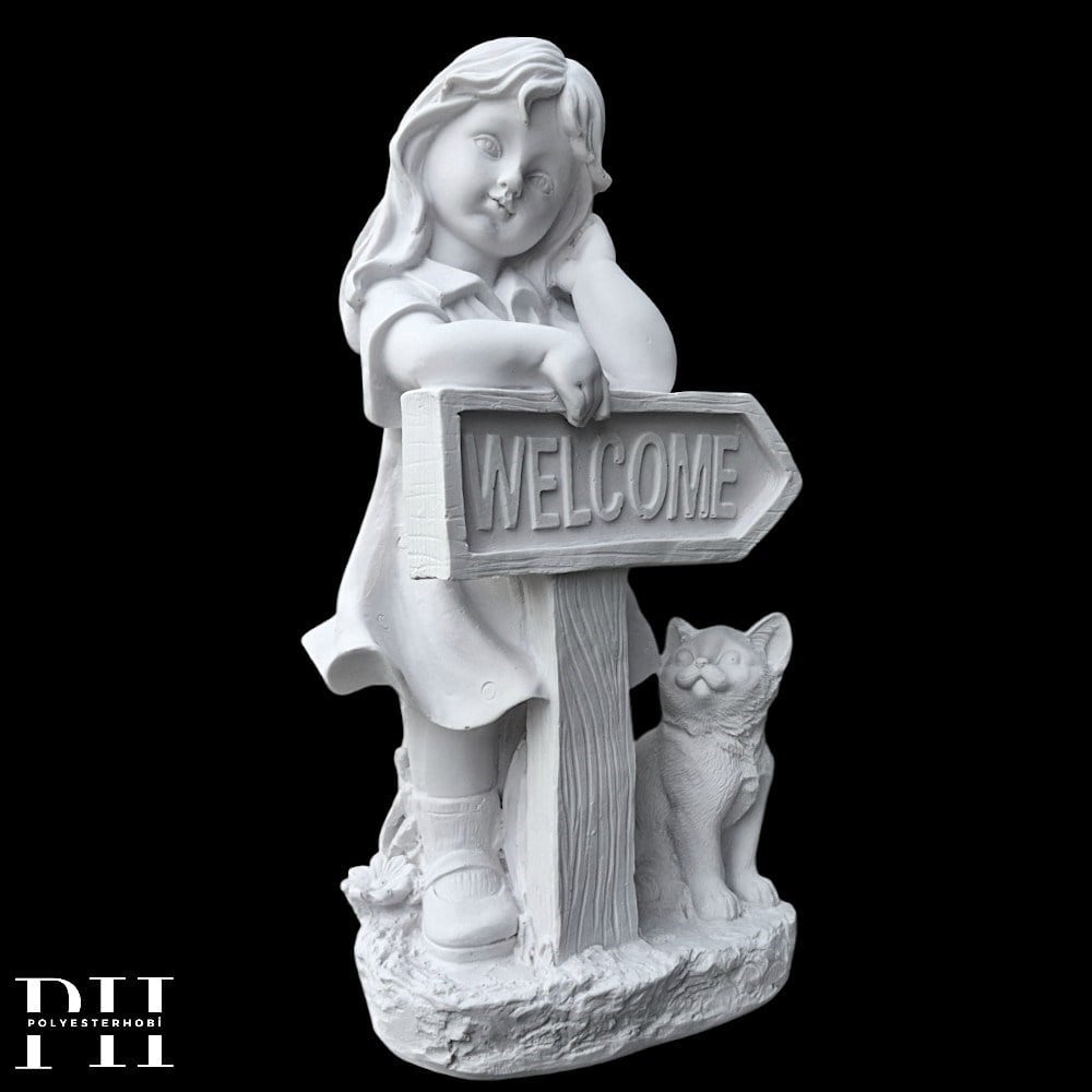 Ob 2676 - Welcome Kız Heykel Biblo Ham Polyester Ev , Bahçe Dekoratif Obje