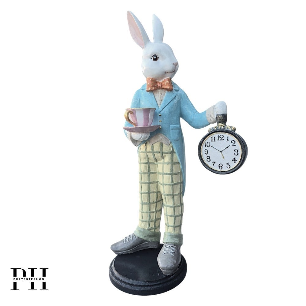 Ob 2688 - Saatli Alice Tavşan Biblo Ham Polyester Ev , Bahçe Dekoratif Obje