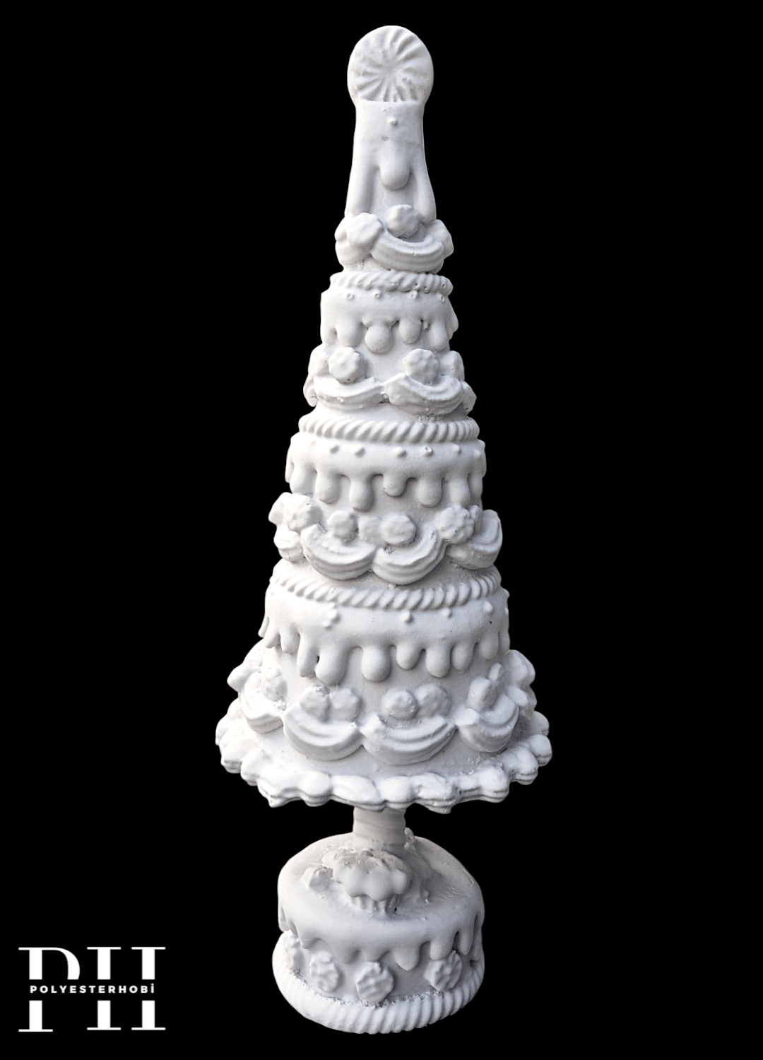 OB 2716 - Çam Ağacı  Pasta Detaylı Heykel Ham Polyester Yılbaşı Obje (37 x 15 cm)