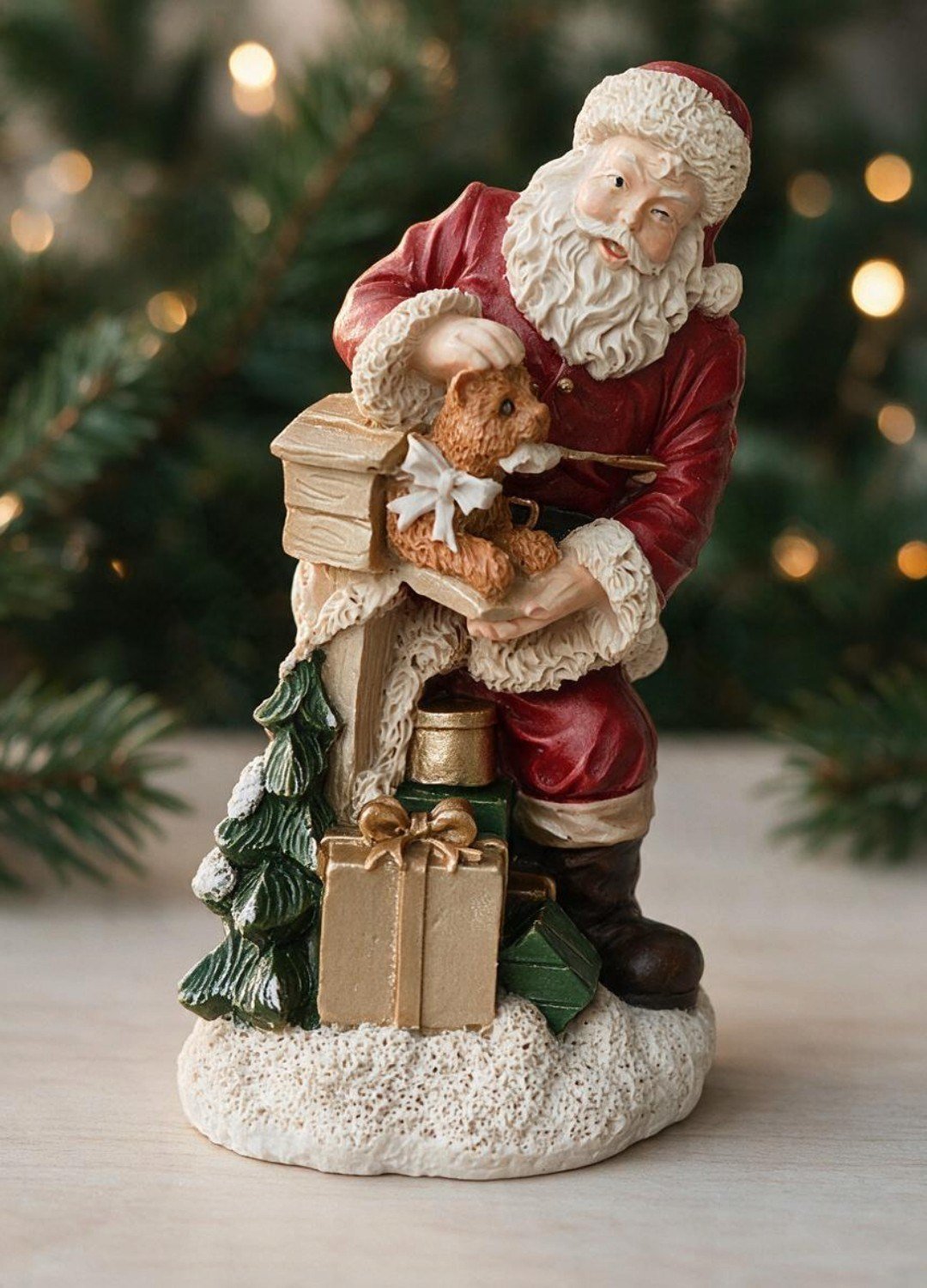 OB 2719 - Noel Baba Kedi Detaylı Biblo Heykel Ham Polyester Yılbaşı Obje (16 x 9 x 7 cm)