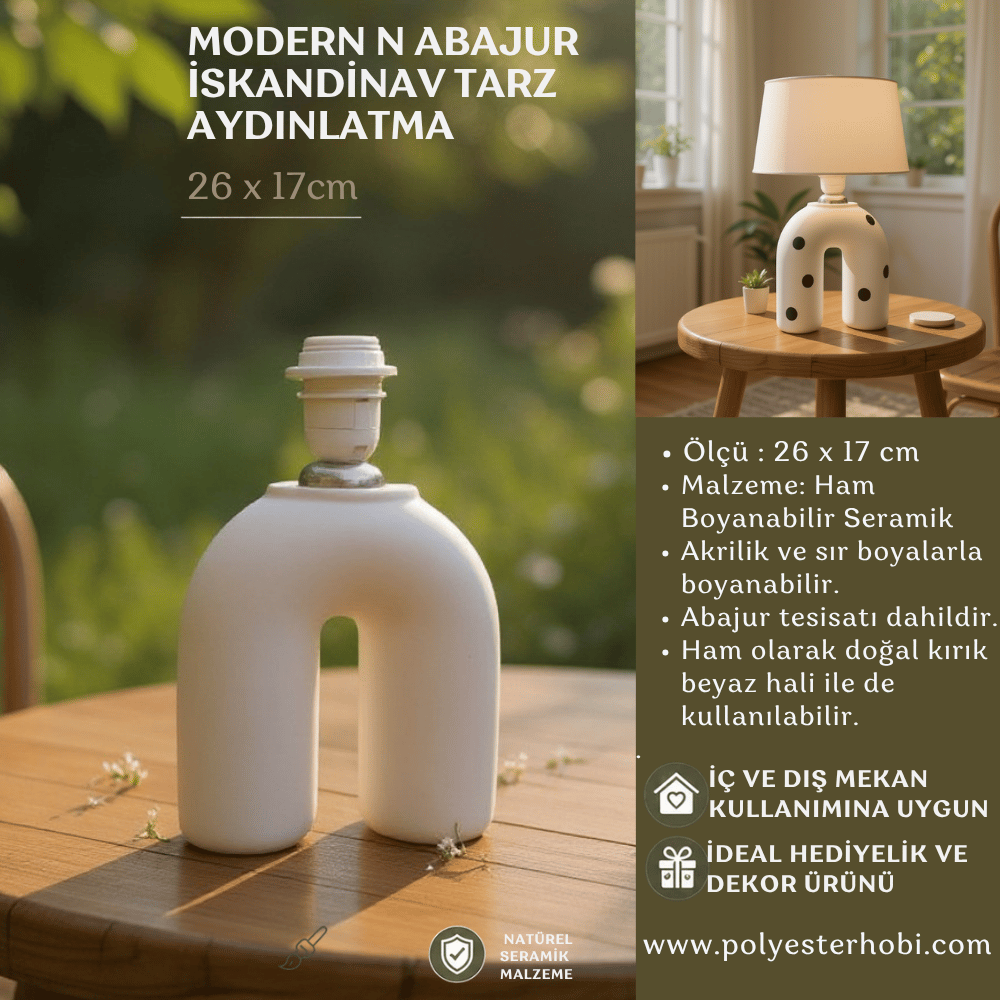 SA 100 - Modern N Abajur İskandinav Tarz Ev Dekor Aydınlatma Ham Seramik Obje