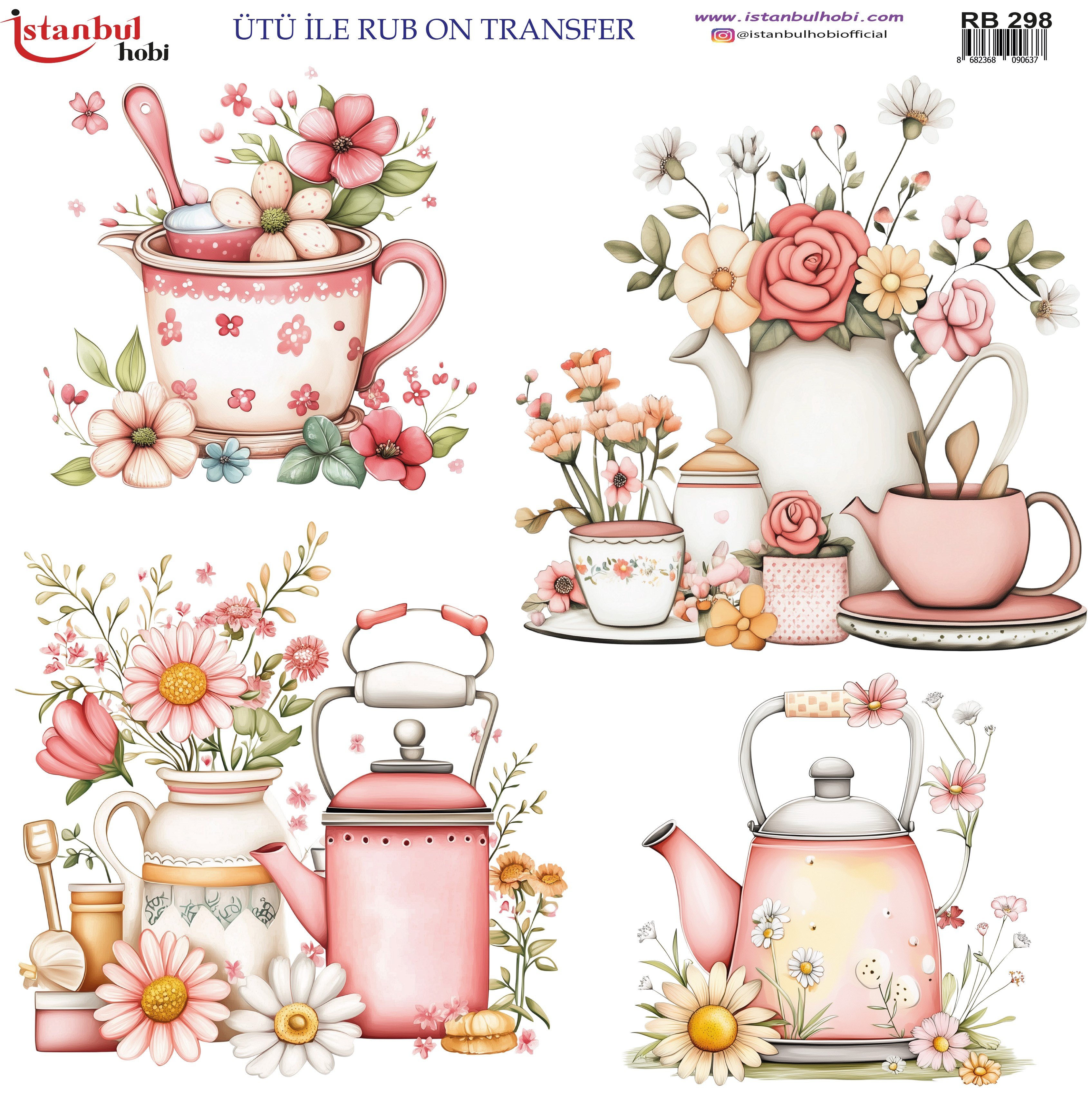 Ütü İle Baskı Transfer Kumaş Ve Ahşap Rubon 30 x 30 cm Çay Saati Desenli RB 298