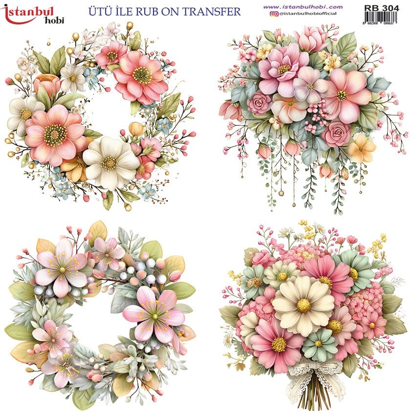 Ütü İle Baskı Transfer Kumaş Ve Ahşap Rubon 30 x 30 cm Çiçek Desenli RB 304