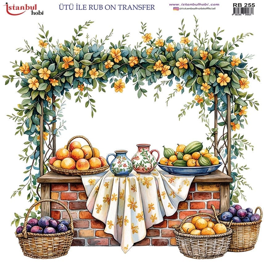 Ütü İle Baskı Transfer Kumaş Ve Ahşap Rubon 30 x 30 cm Meyve Ve Çiçekler Desenli RB 255