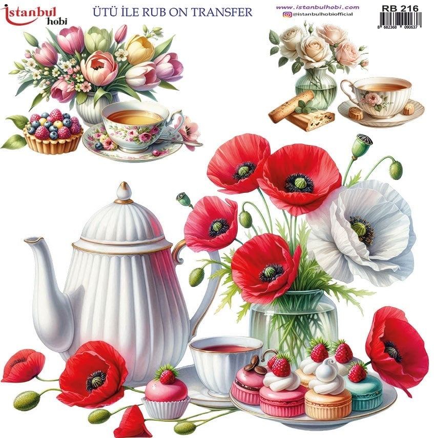 Ütü İle Baskı Transfer Kumaş Ve Ahşap Rubon 30 x 30 cm Çiçek ve Çay Saati Desenli RB 216