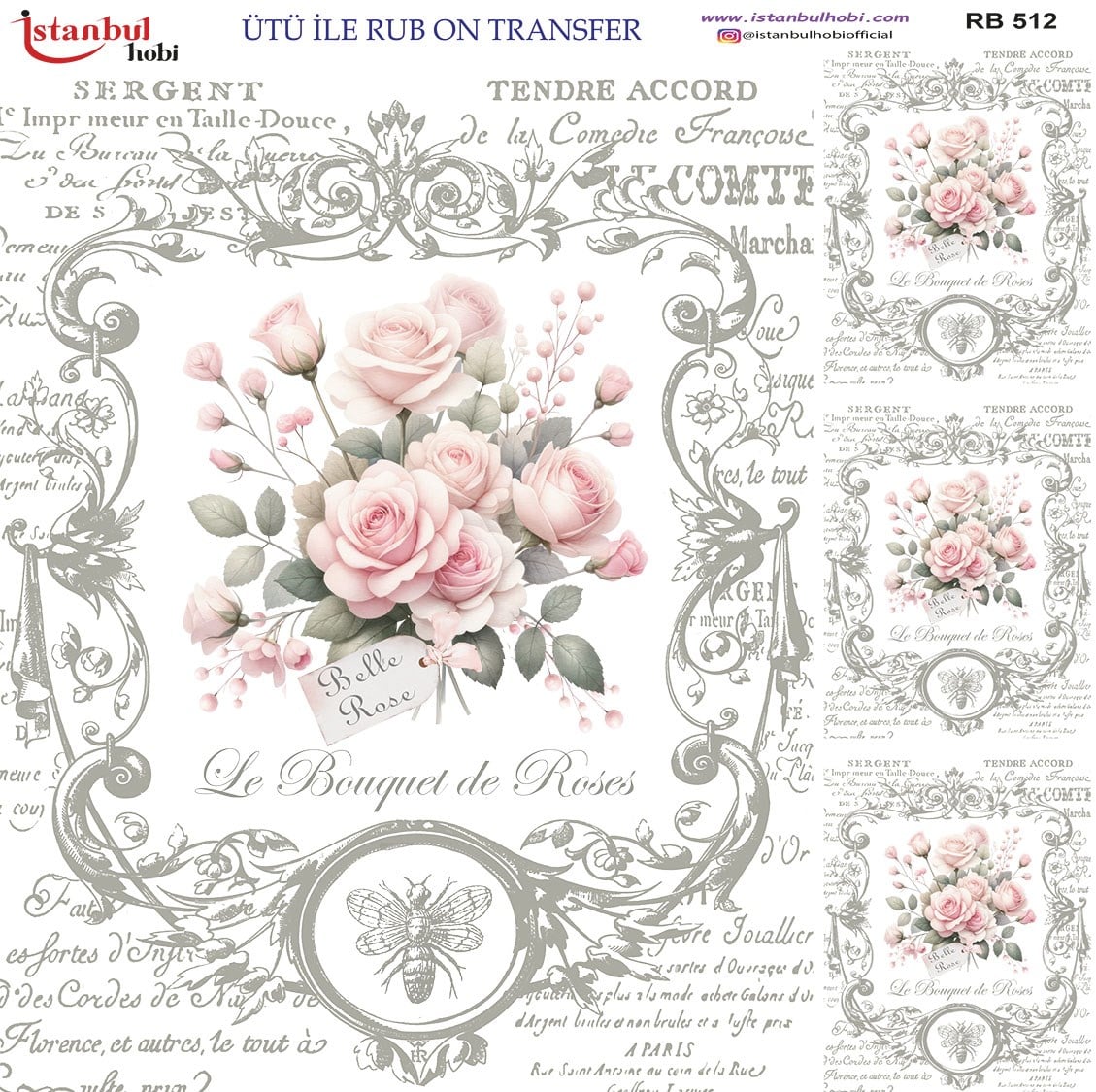 Ütü İle Baskı Transfer Kumaş Ve Ahşap Rubon 30 x 30 cm  Vintage Gül Detaylı RB 512
