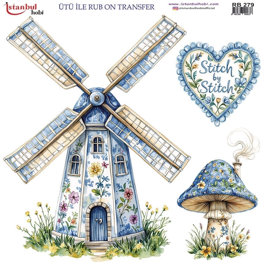 Ütü İle Baskı Transfer Kumaş Ve Ahşap Rubon 30 x 30 cm Mavi Beyaz Değirmen Desenli RB 279