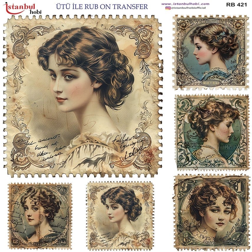 Ütü İle Baskı Transfer Kumaş Ve Ahşap Rubon 30 x 30 cm Vintage Kadın Desenli RB 421