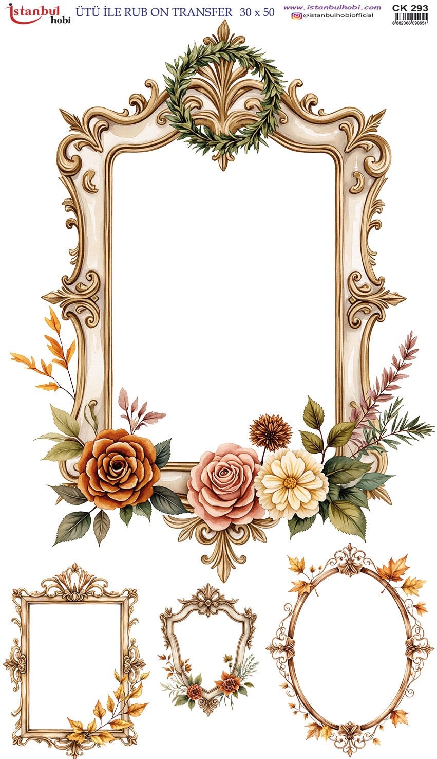Ütü İle Baskı Transfer Kumaş Ve Ahşap Rubon 30 x 50 cm Çiçekli Çerçeve CK 293