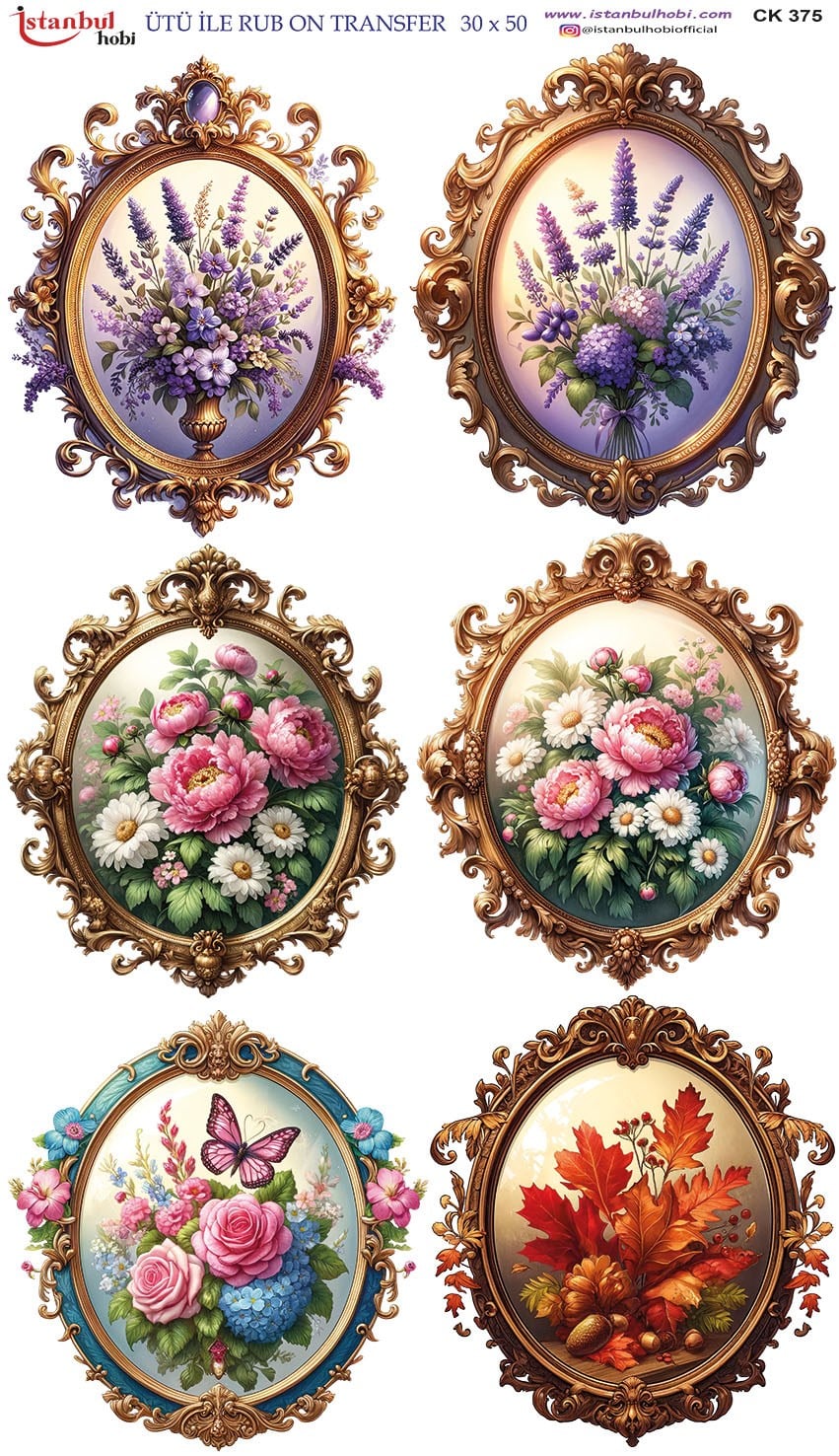 Ütü İle Baskı Transfer Kumaş Ve Ahşap Rubon 30 x 50 cm Çiçekli Çerçeve CK 375