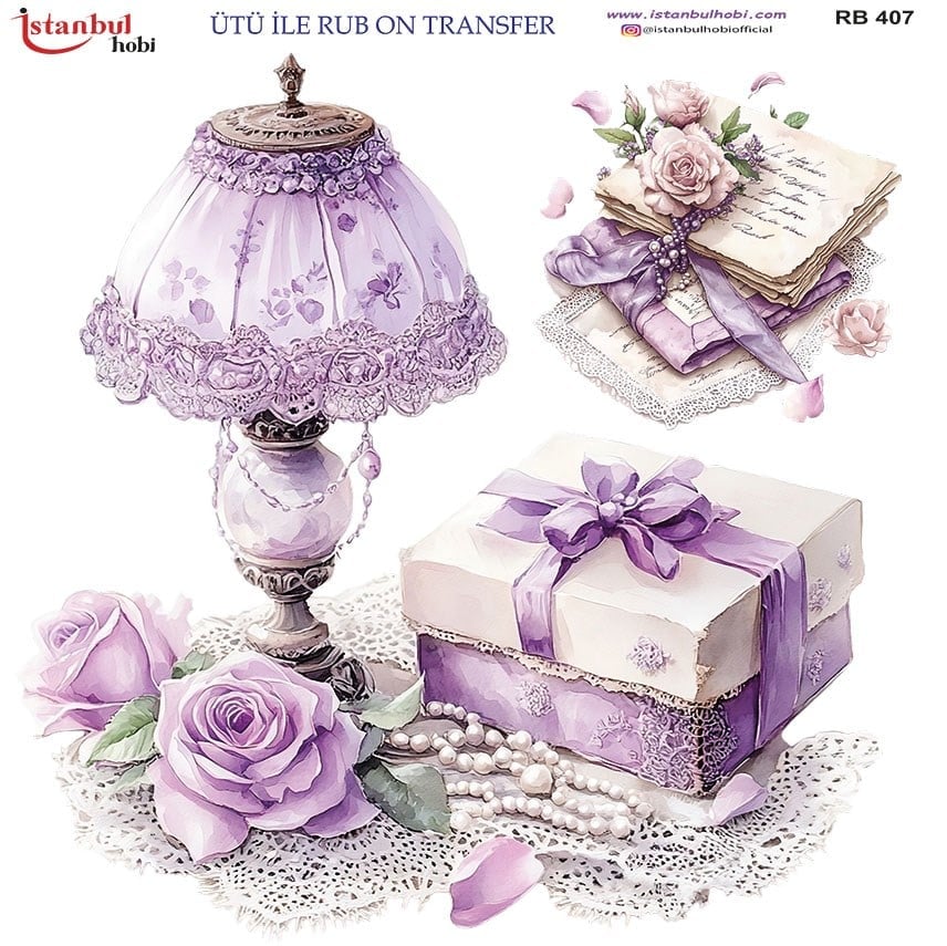 Ütü İle Baskı Transfer Kumaş Ve Ahşap Rubon 30 x 30 cm Vintage Lavanta Desenli RB 407