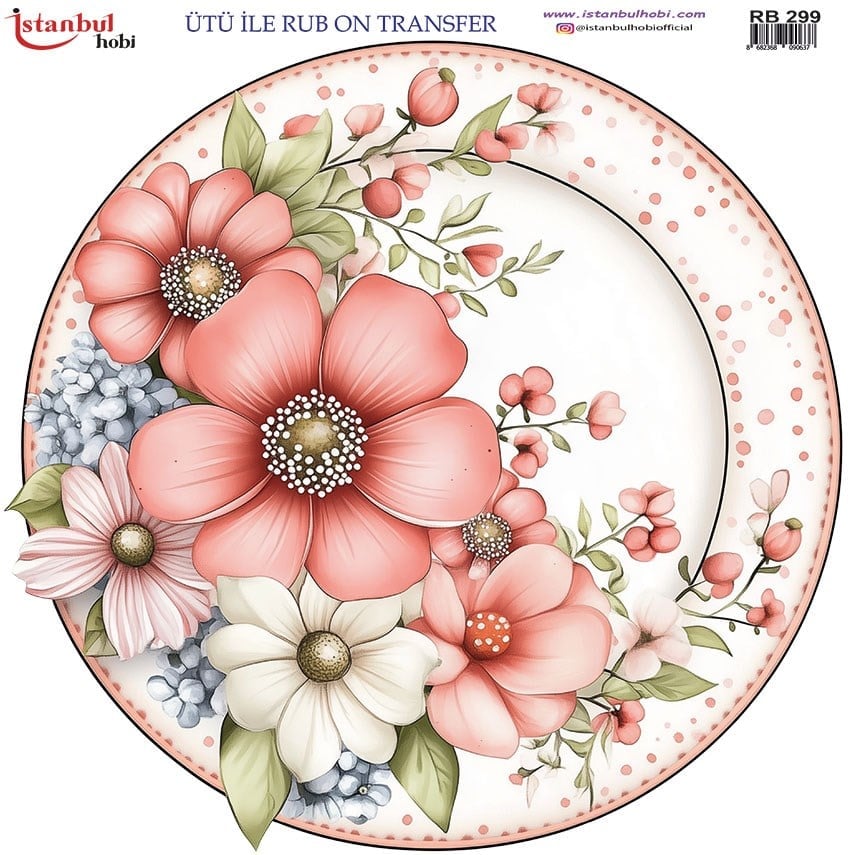 Ütü İle Baskı Transfer Kumaş Ve Ahşap Rubon 30 x 30 cm Çiçekli Tabak Desenli RB 299