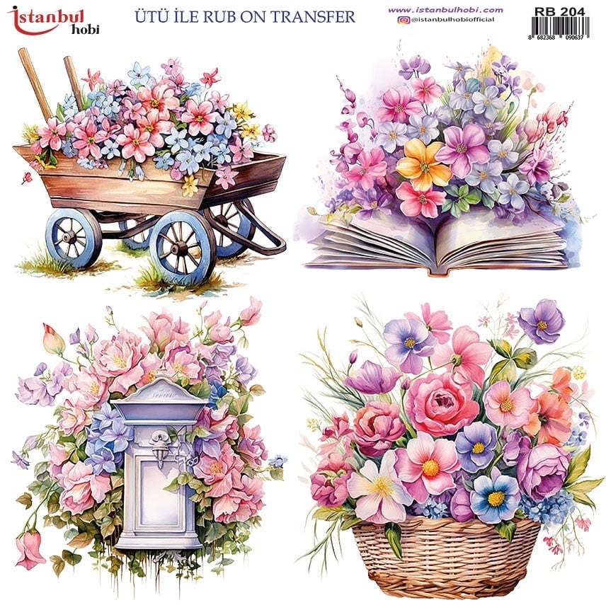 Ütü İle Baskı Transfer Kumaş Ve Ahşap Rubon 30 x 30 cm Çiçek Desenli RB 204