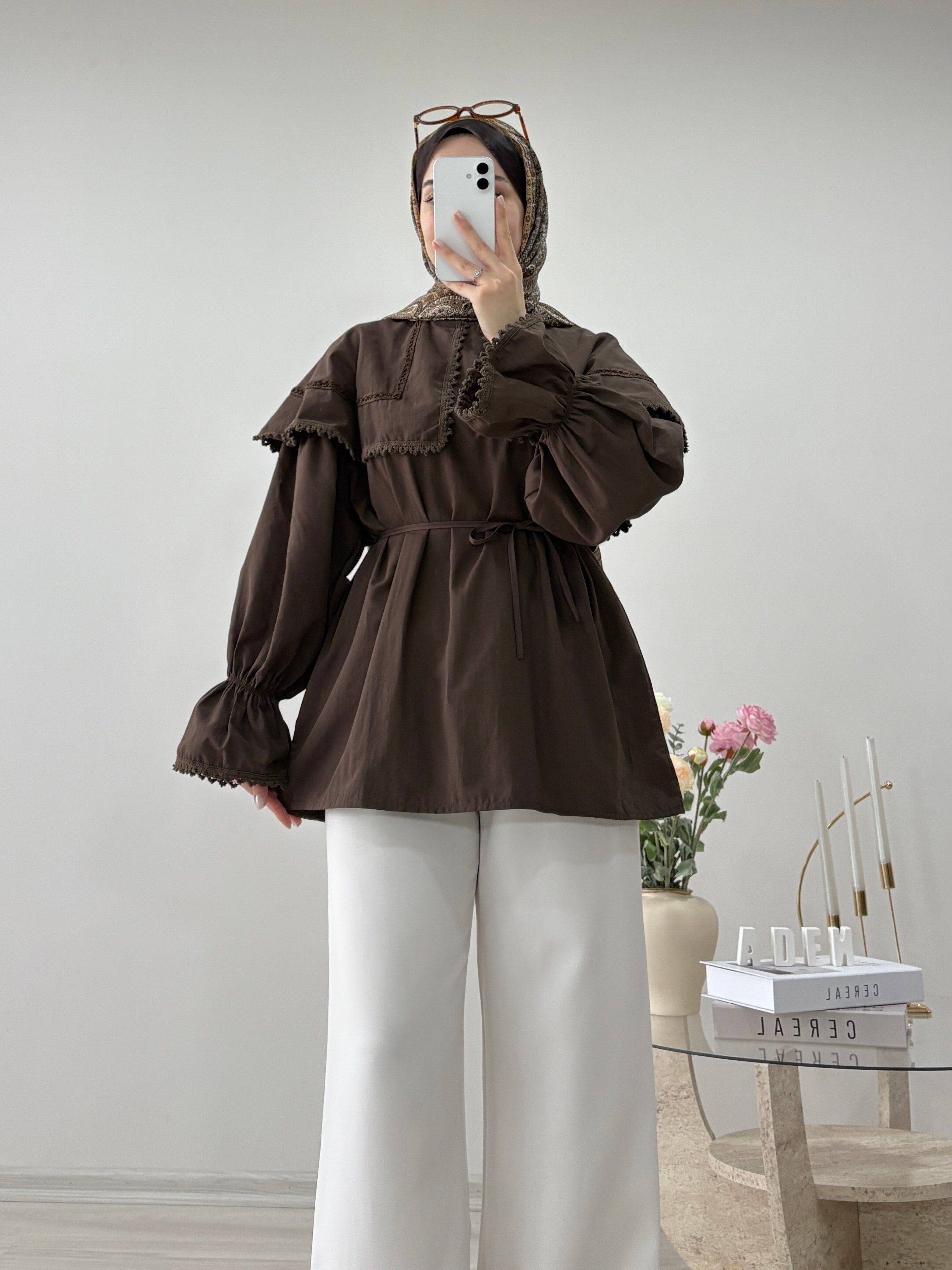 BEBE YAKA DANTELLİ TUNİK KAHVE