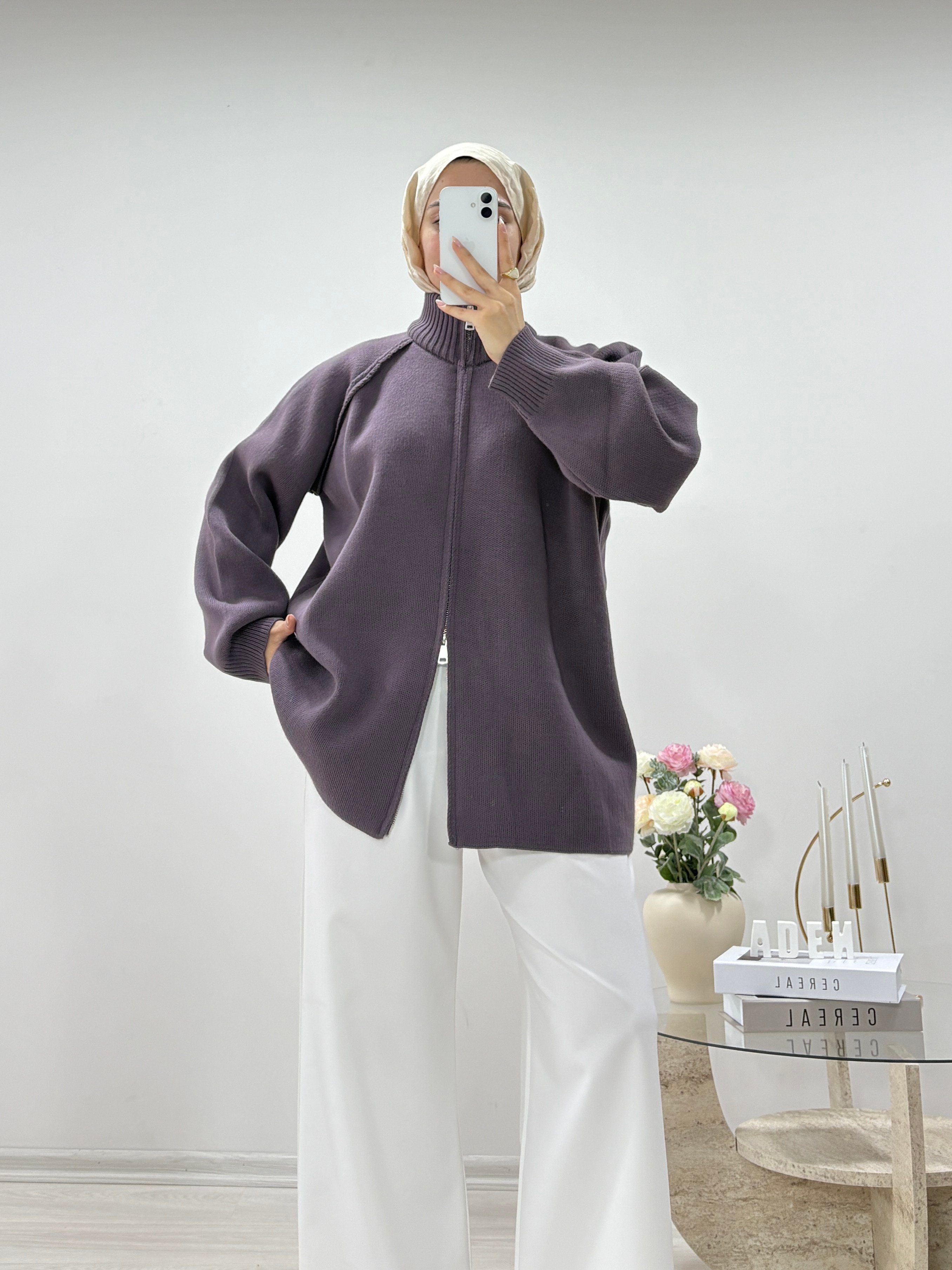 ÇİFT FERMUARLI HIRKA LİLA