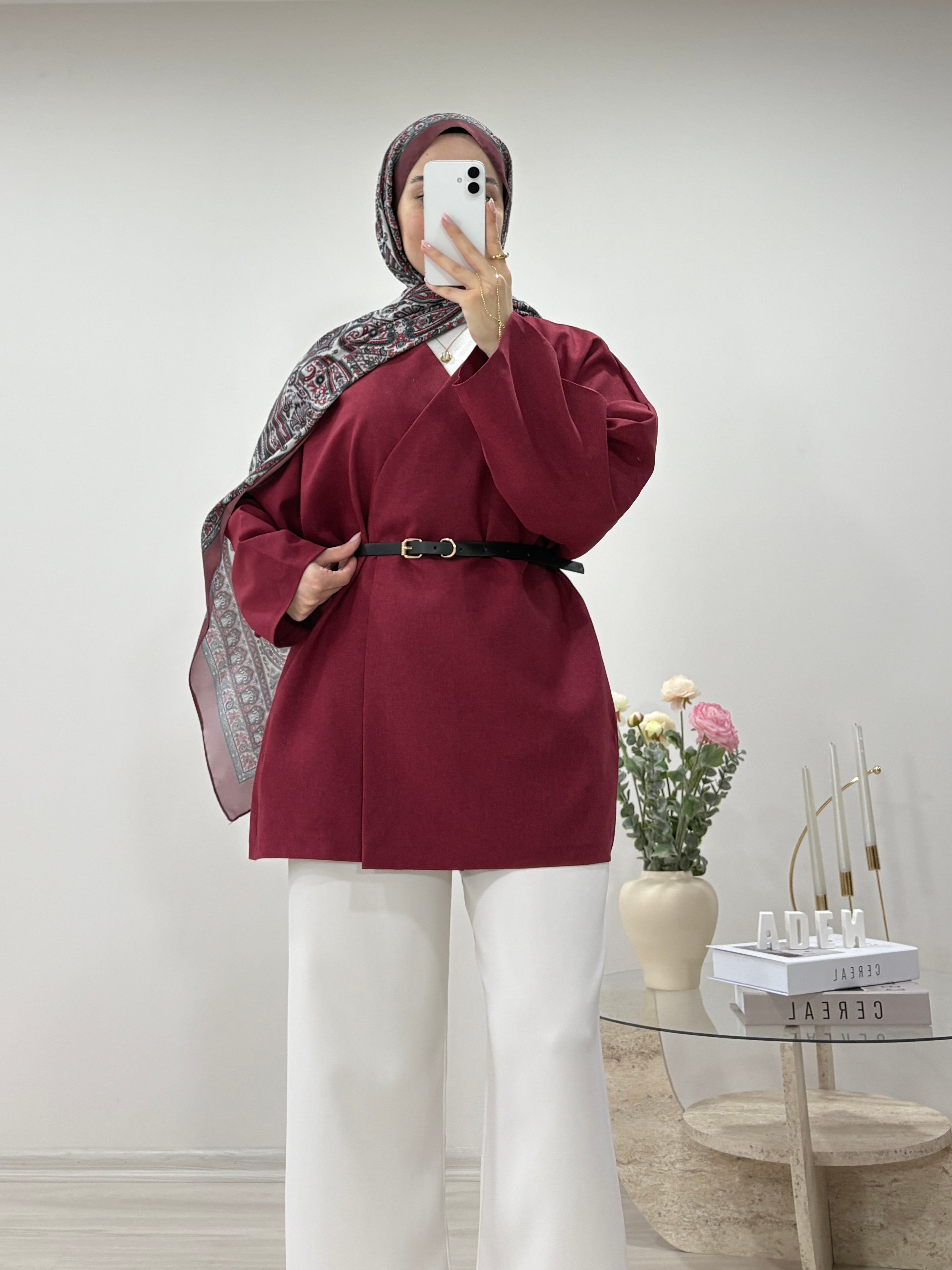DERİ KEMERLİ CEKET BORDO