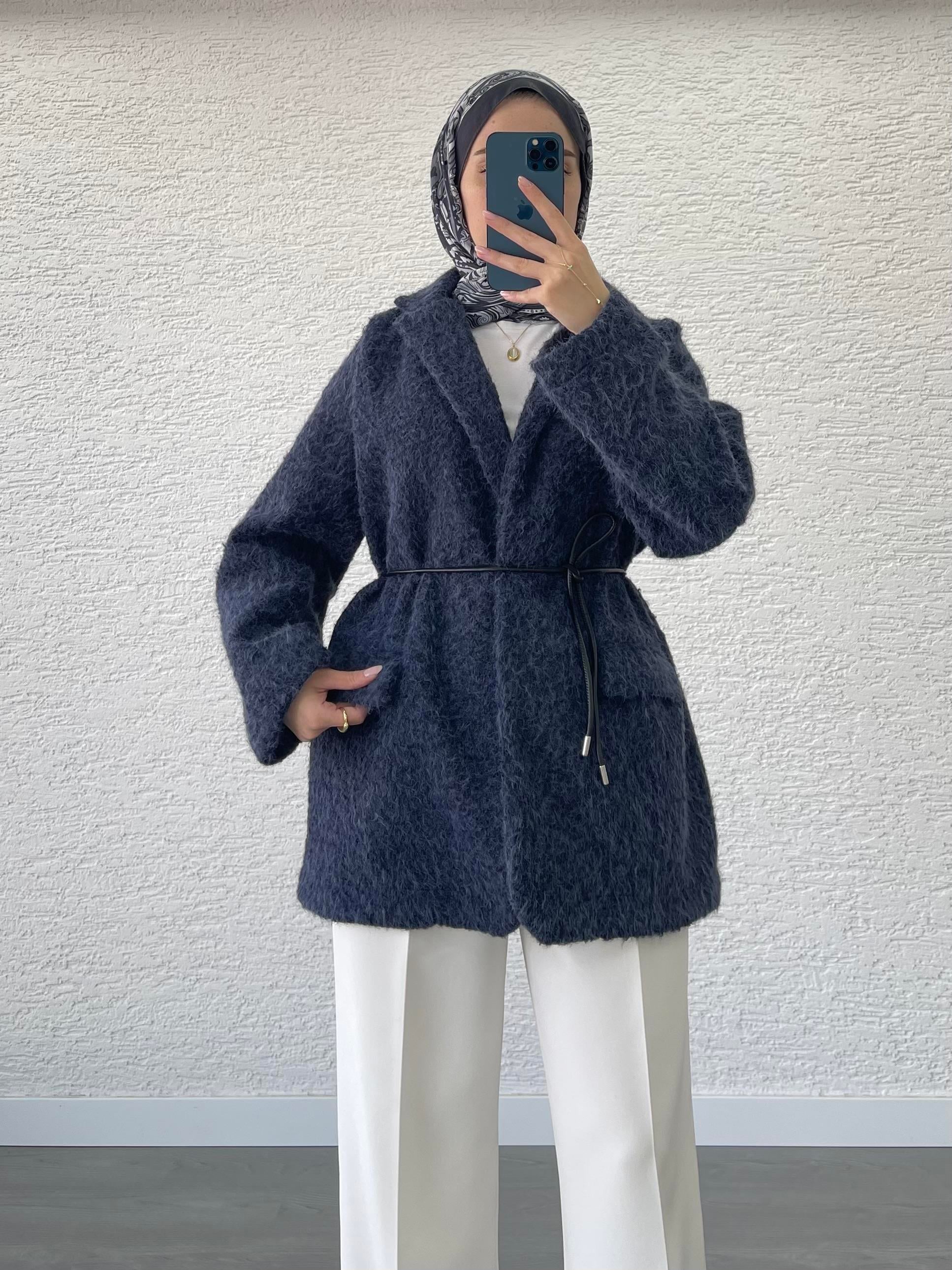 DERİ KEMERLİ KAŞE BLAZER CEKET LACİVERT