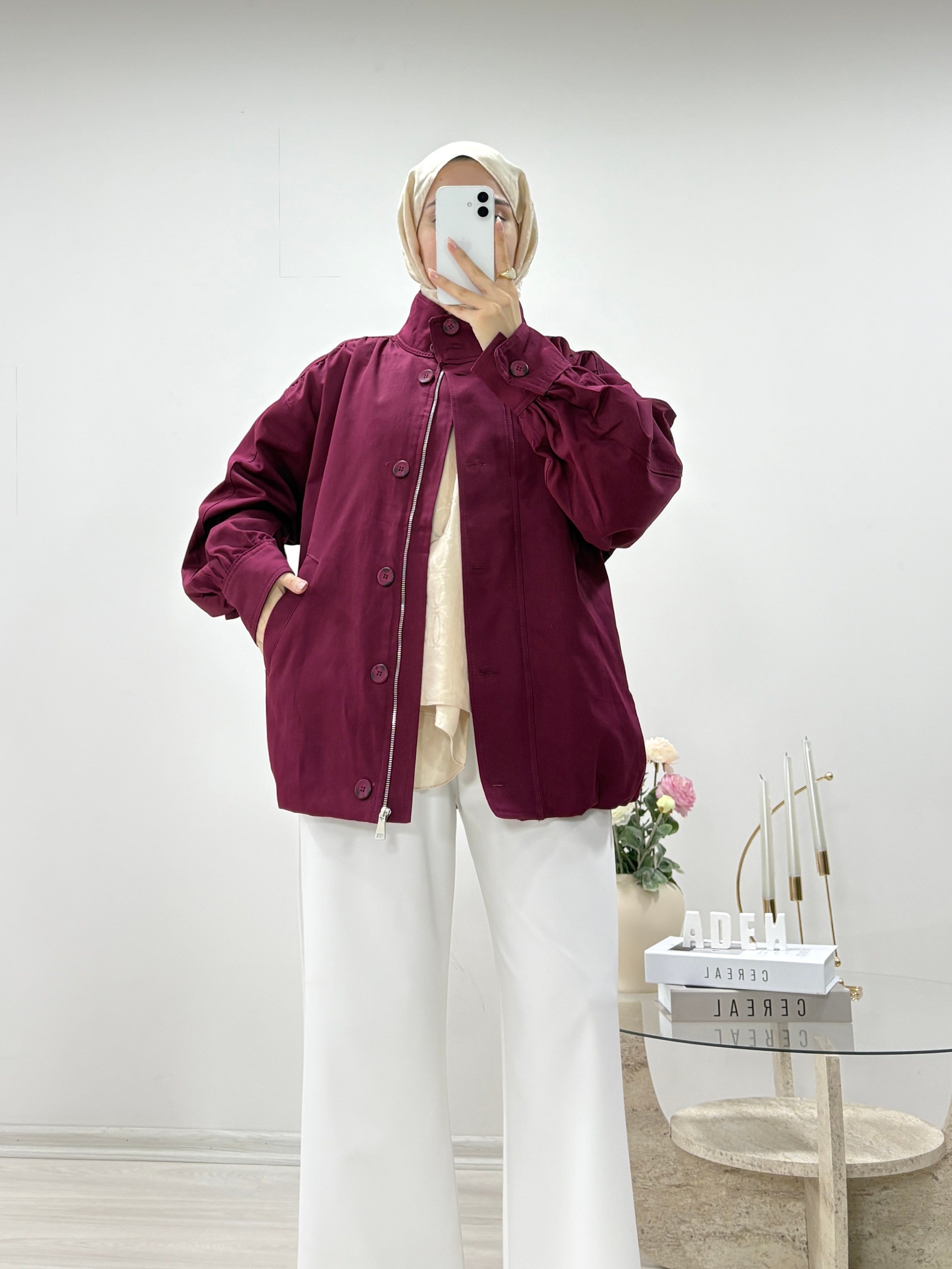DİK YAKA GABARDİN BOMBER CEKET BORDO
