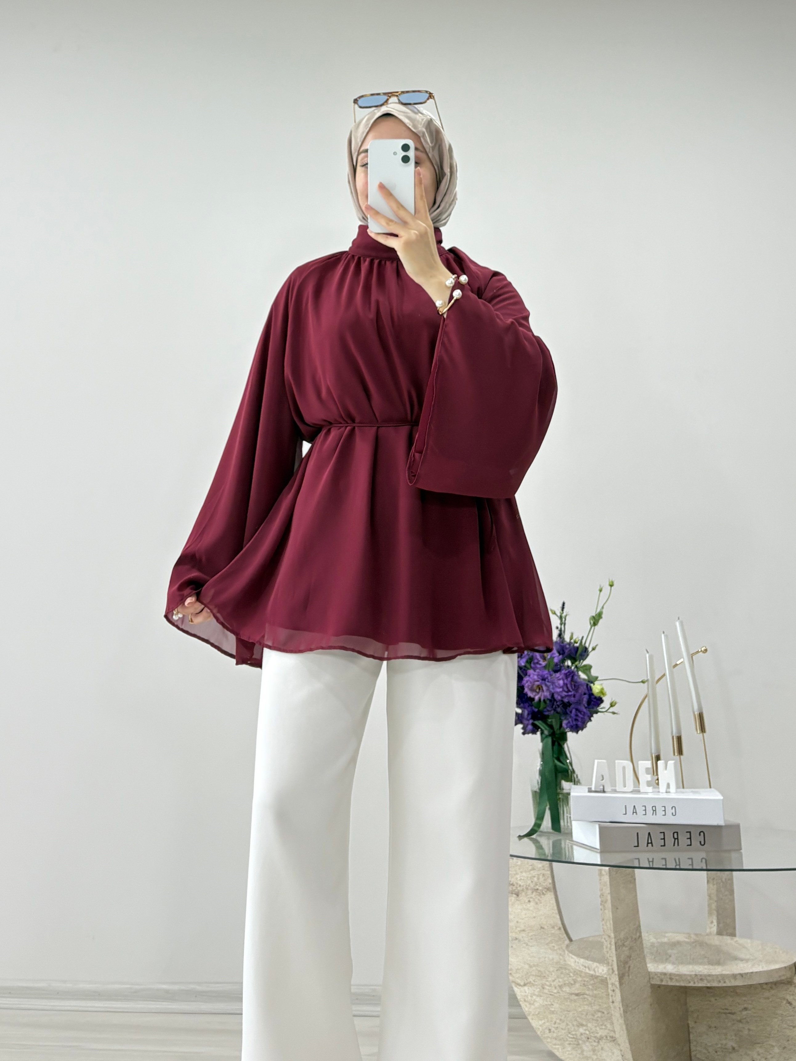 DİK YAKA ŞİFON TUNİK BORDO
