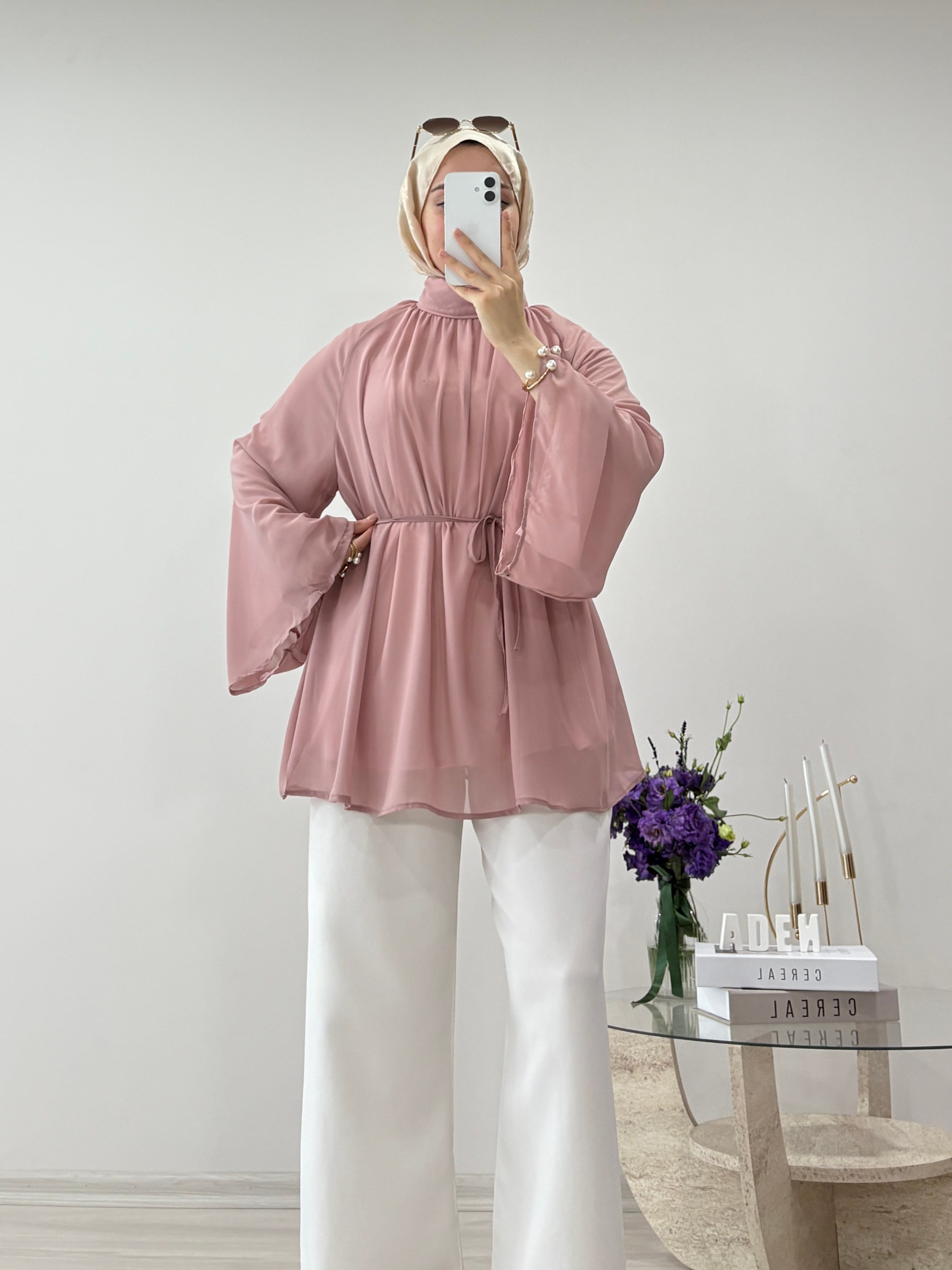 DİK YAKA ŞİFON TUNİK TOZ PEMBE