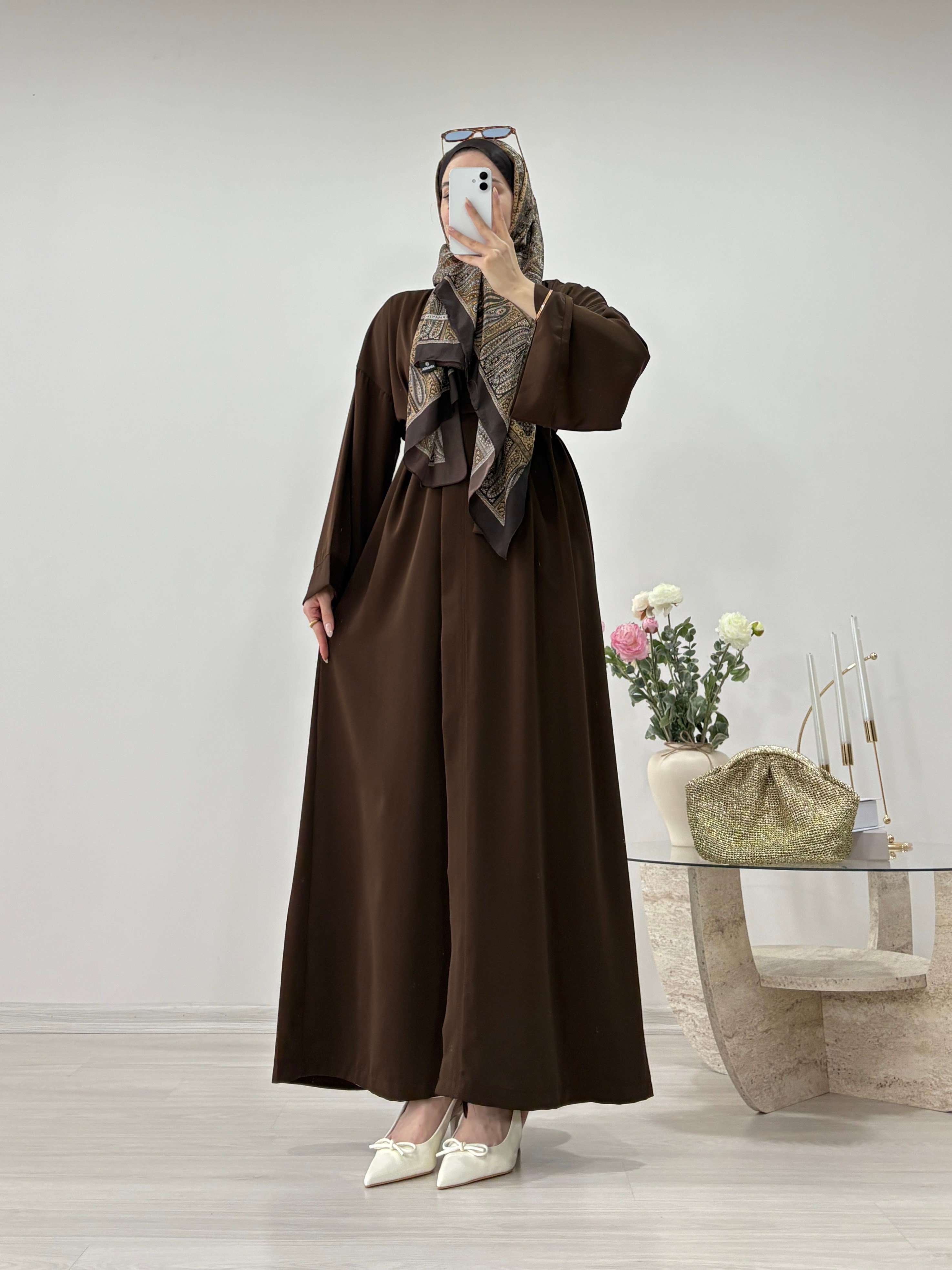 KEMERLİ ŞİFON ABAYA KAHVE