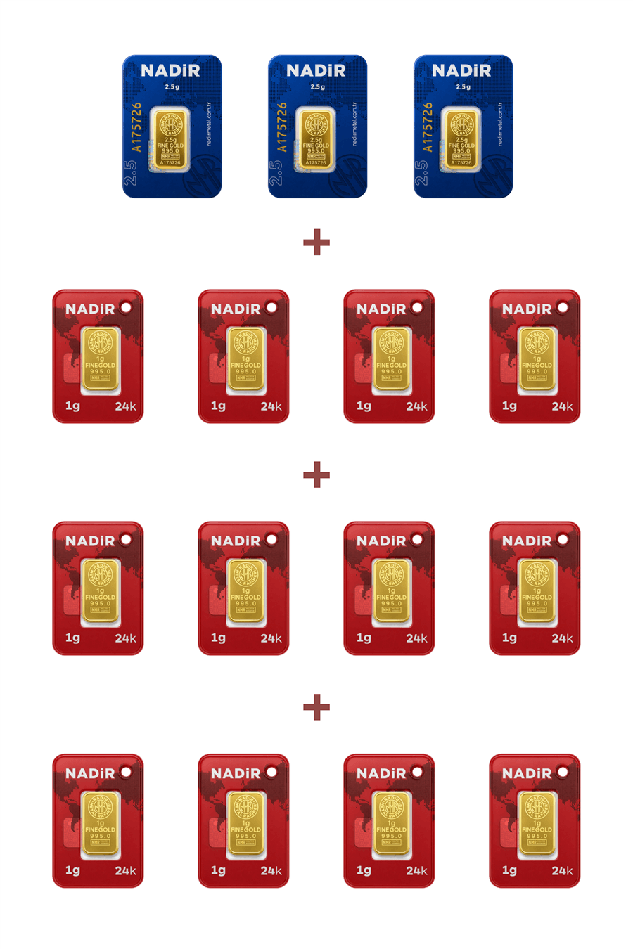 Nadir Gold 24 Ayar 19,5 Gram Külçe Altın (3 Adet 2,5 Gram Külçe Altın + 12 Adet 1 Gram Külçe Altın )