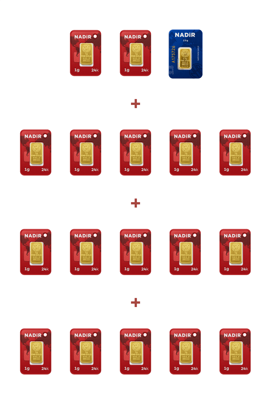 Nadir Gold 24 Ayar 19,5 Gram Külçe Altın (1 Adet 2,5 Gram Külçe Altın + 17 Adet 1 Gram Külçe Altın )