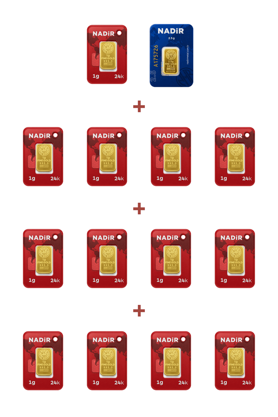 Nadir Gold 24 Ayar 15,5 Gram Külçe Altın (1 Adet 2,5 Gram Külçe Altın + 13 Adet 1 Gram Külçe Altın )
