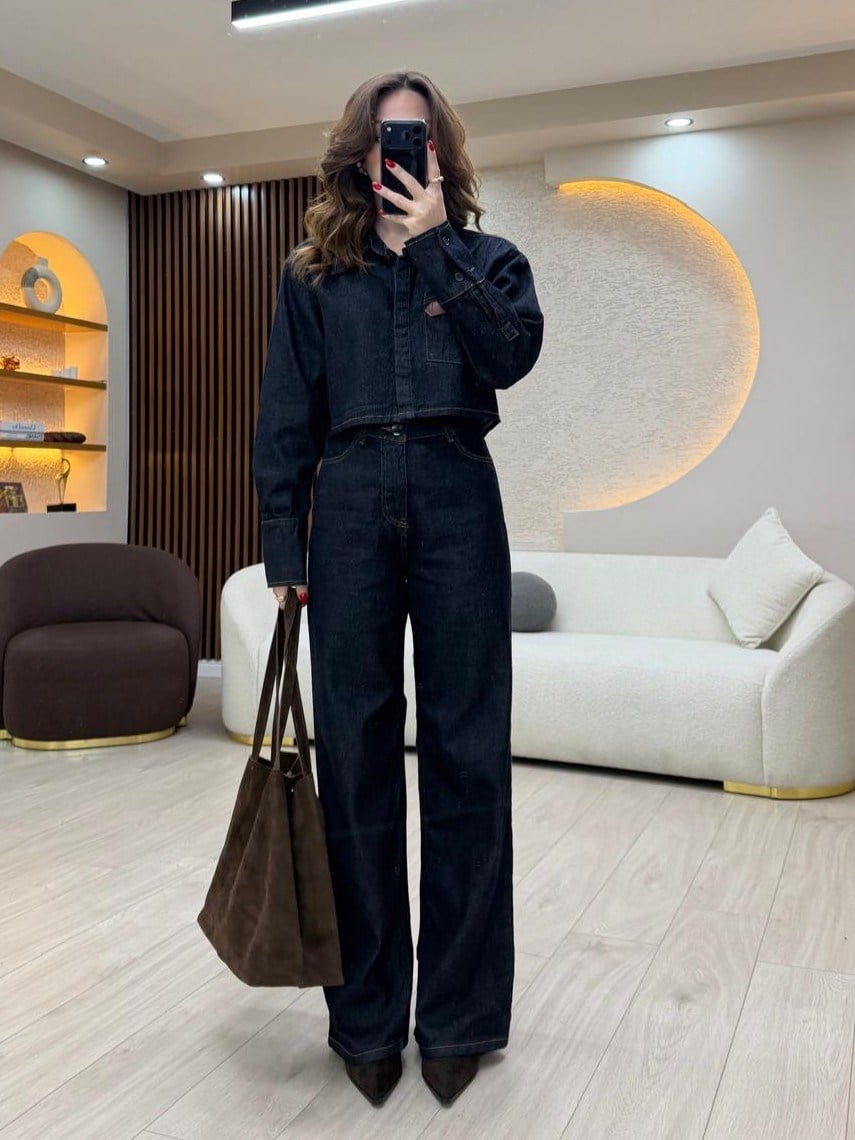 Denim Crop Ceket & Palazzo Pantolon Takım NVM-30008