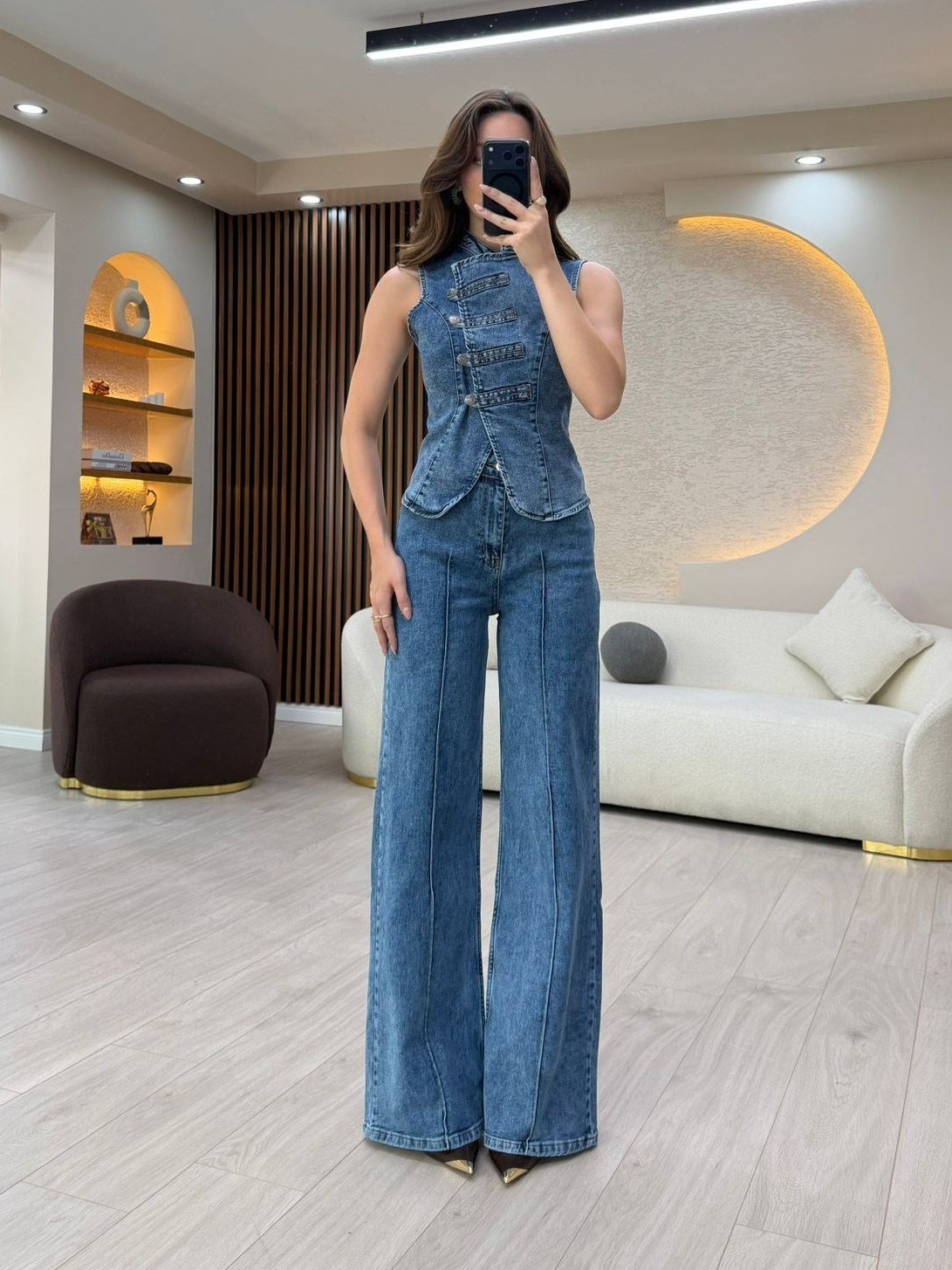 Denim Düğme Detaylı Yelek & Pantolon Takım NVM-30166