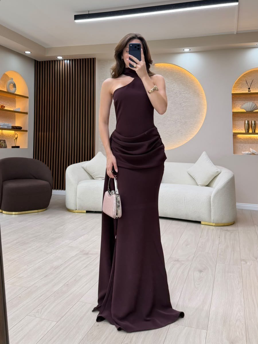 Drapeli Kuyruklu Halter Yaka Elbise NVM-20607