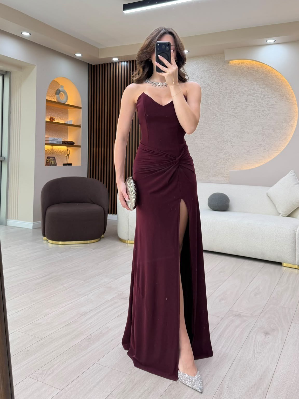 Drapeli Yırtmaçlı Maxi Elbise NVM-20639