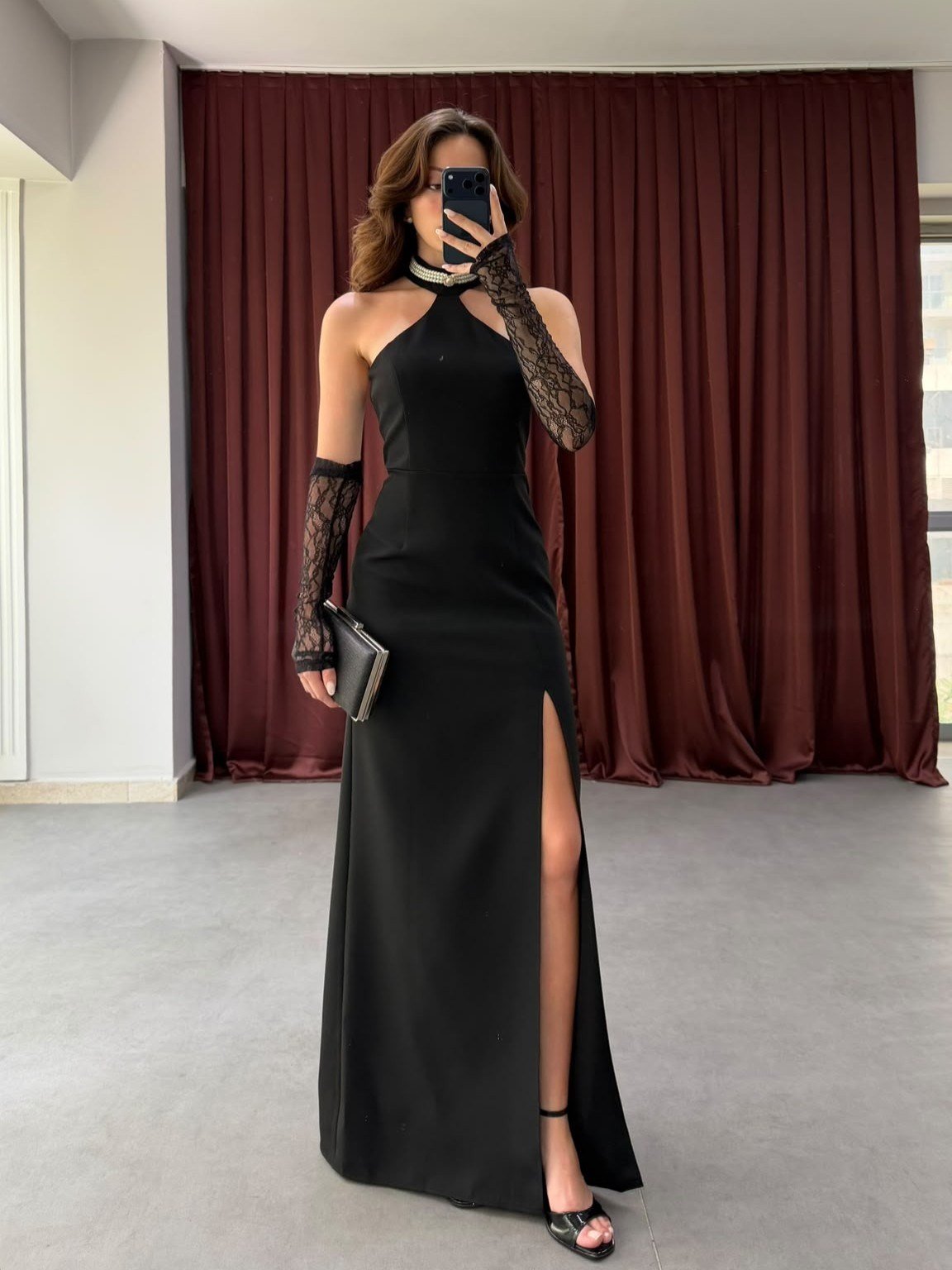 Halter Yaka Uzun Yırtmaçlı Elbise NVM-20595