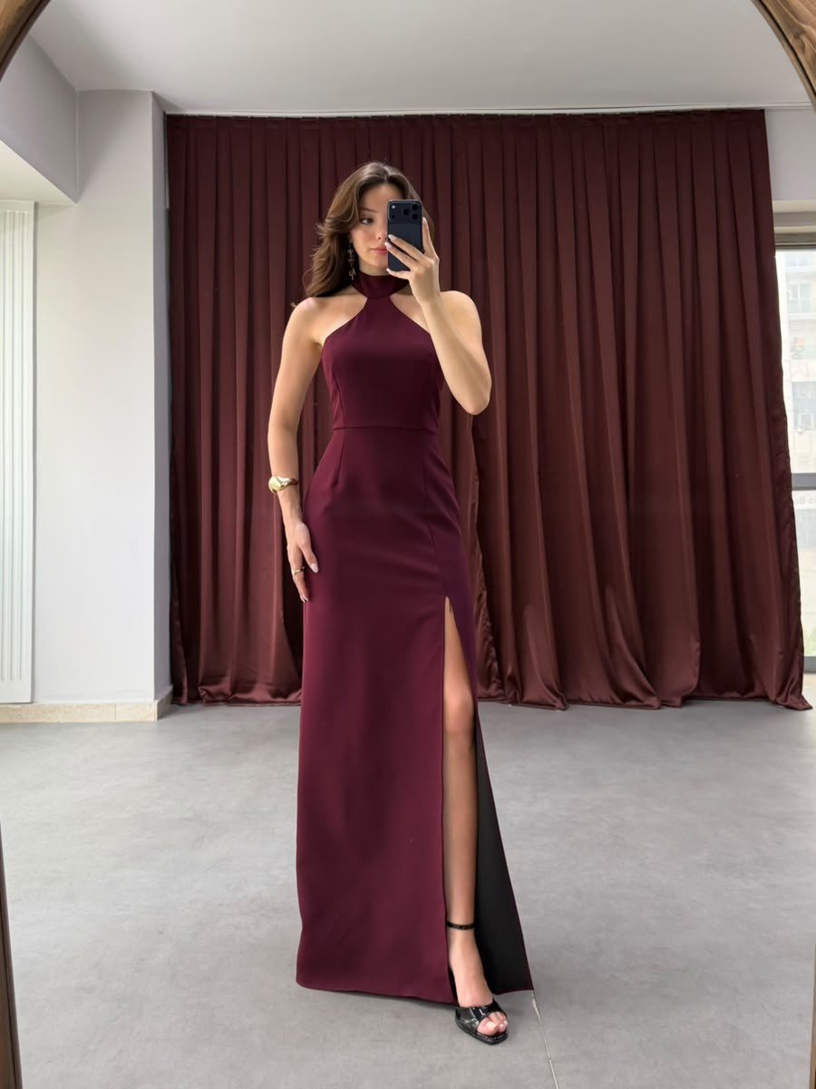 Halter Yaka Uzun Yırtmaçlı Elbise NVM-20595