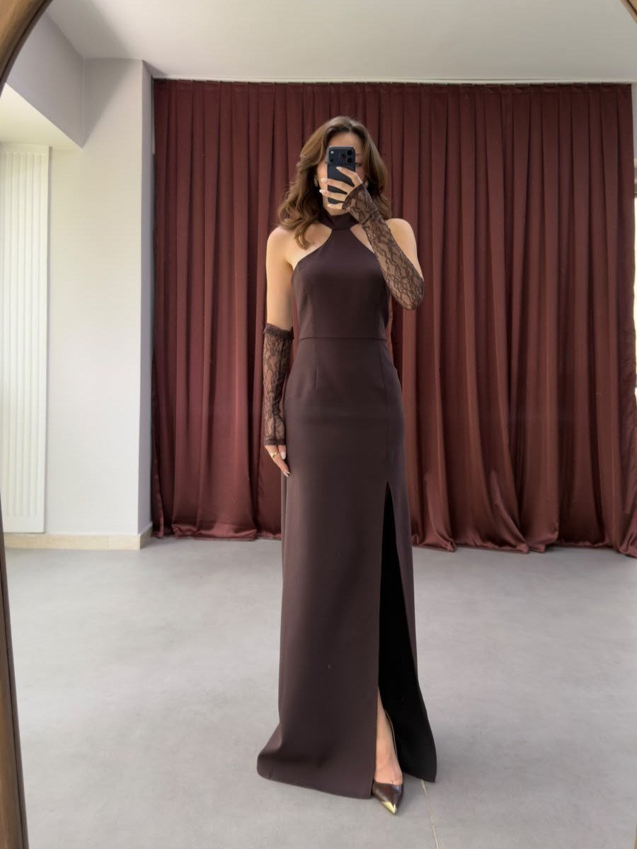 Halter Yaka Uzun Yırtmaçlı Elbise NVM-20595