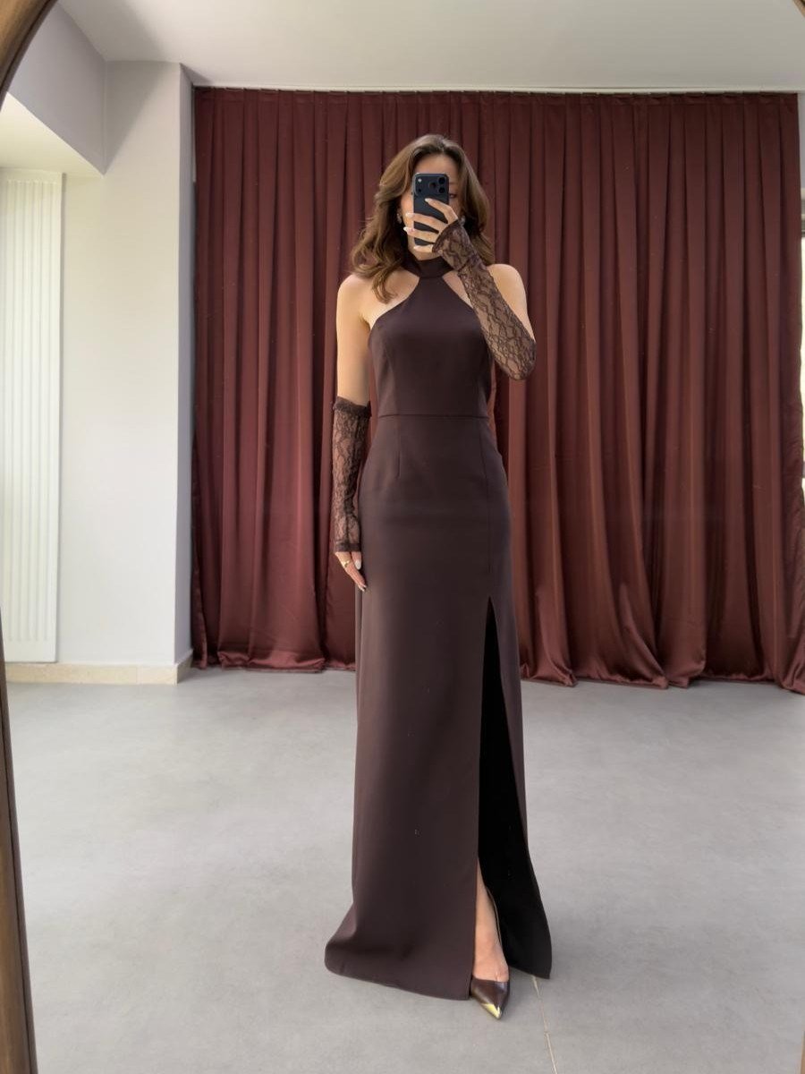 Halter Yaka Yırtmaçlı Uzun Elbise NVM