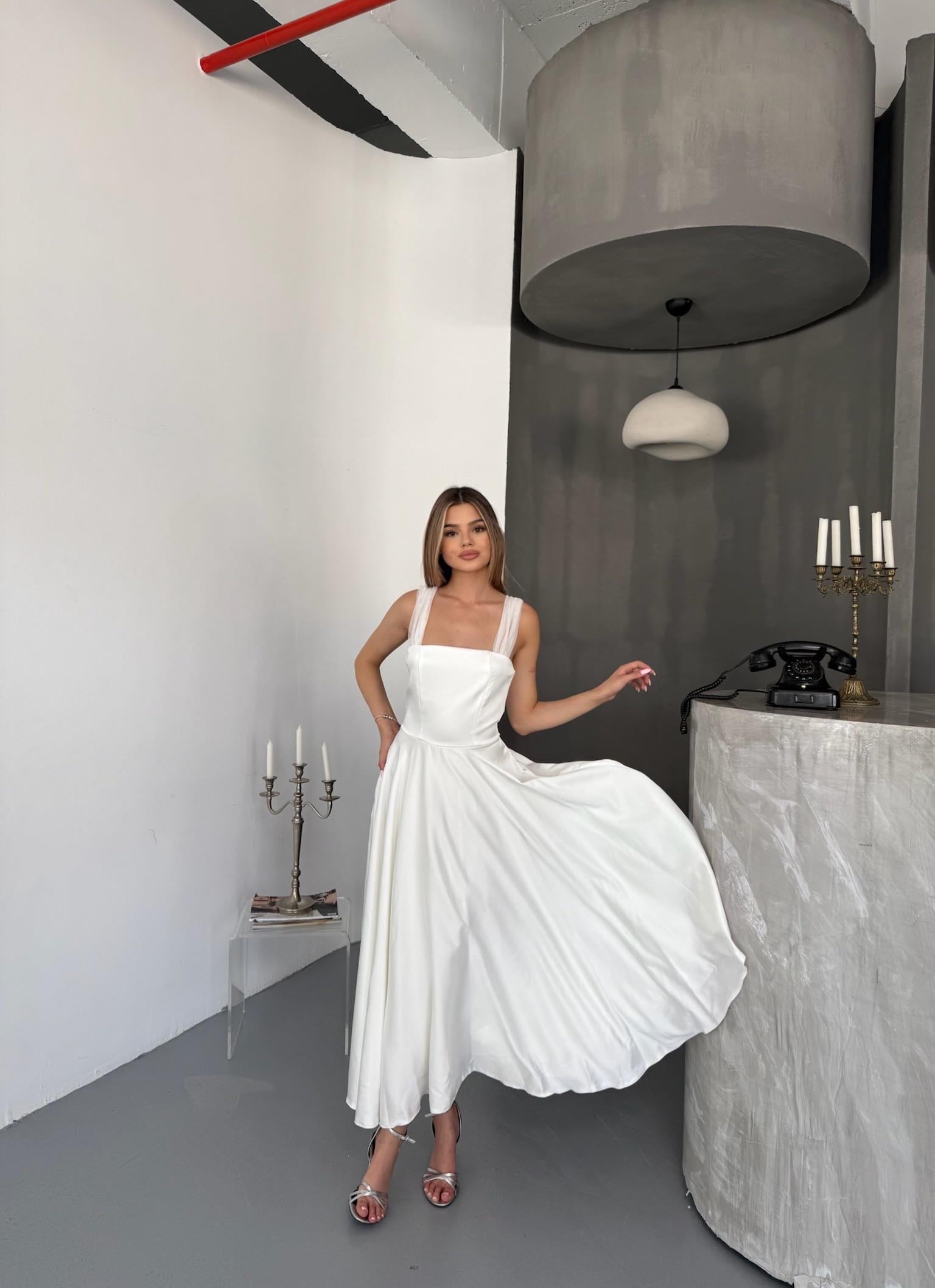 Midi Boy Drapeli Şık Düğün & Nikah Elbise