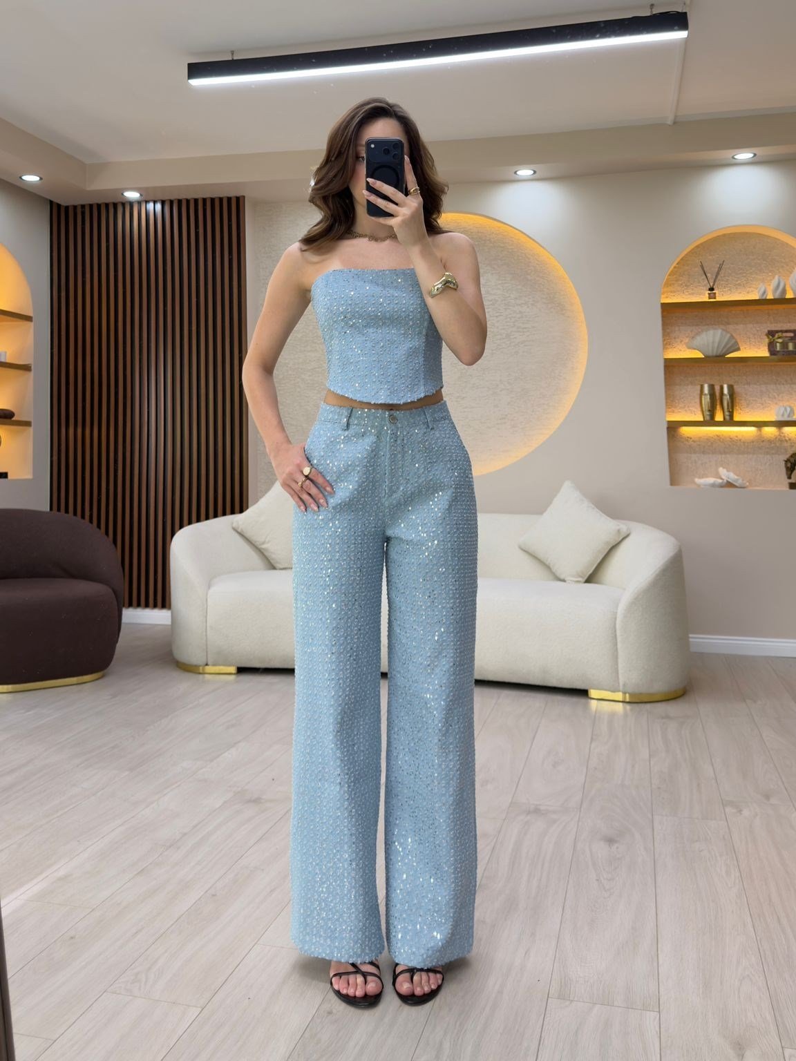 Streplez Işıltılı Palazzo Pantolon Takım NVM-20664