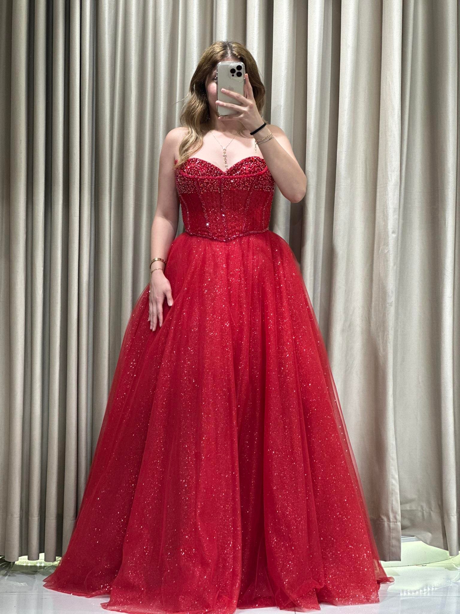 Kırmızı Çift Yaka Prenses Model Nişanlık-Abiye Abiye Elbise | Kaleiçi Yıldızlar